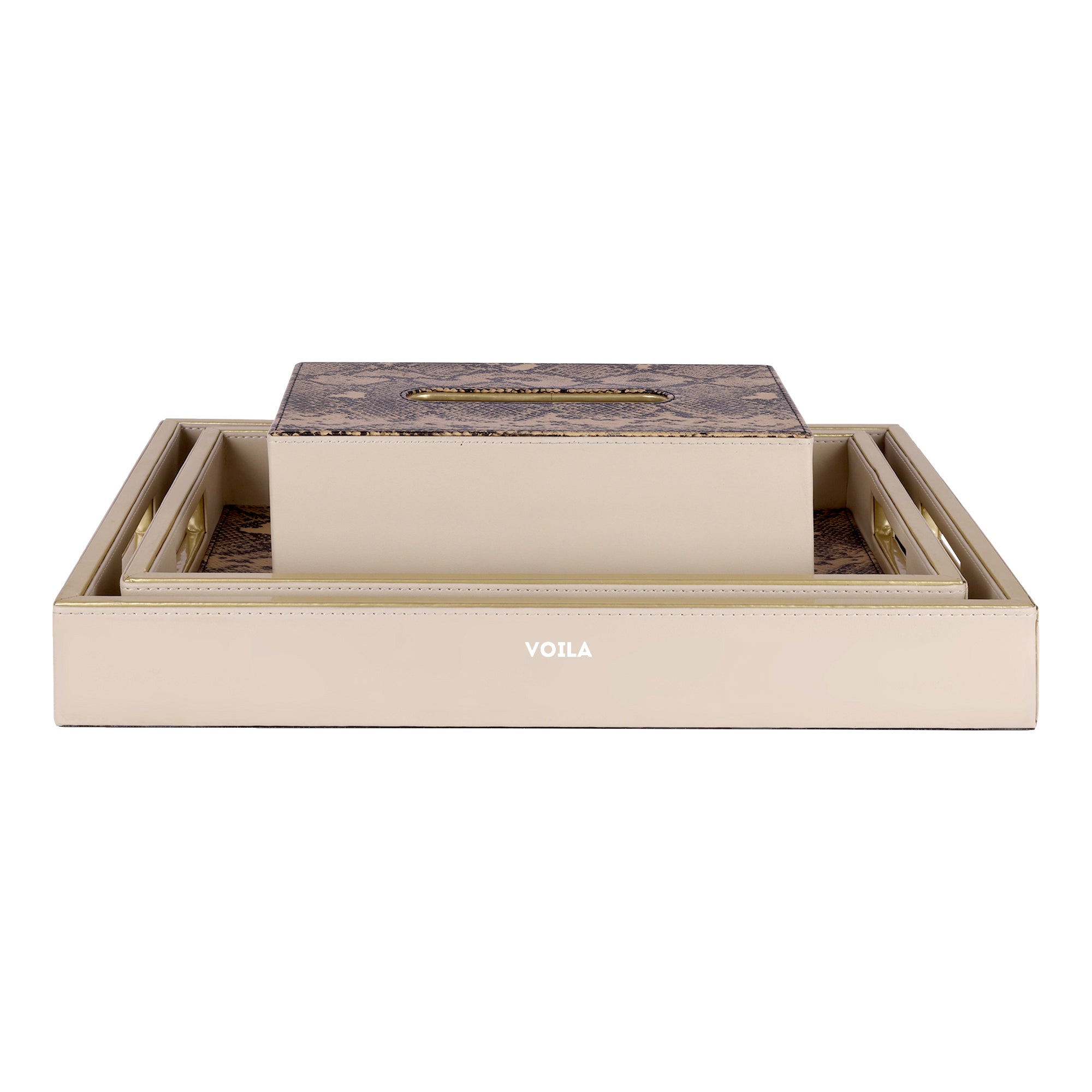 HOMIVA Premium Pink Faux Leatherette 2 Tray & Tissue Box Set with Snake Print – Set of 3