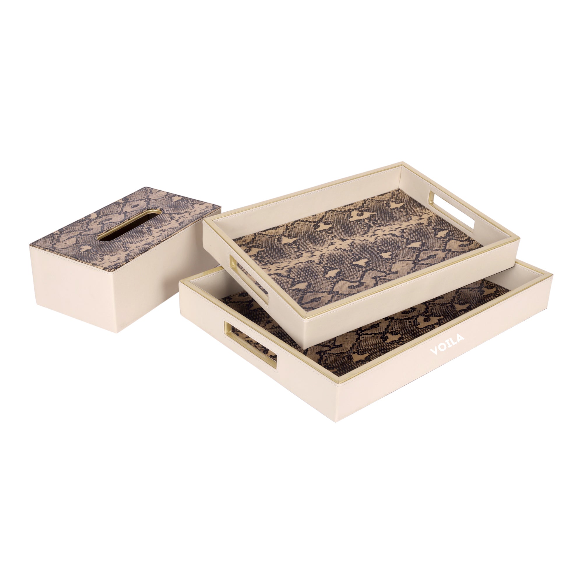 HOMIVA Premium Pink Faux Leatherette 2 Tray & Tissue Box Set with Snake Print – Set of 3