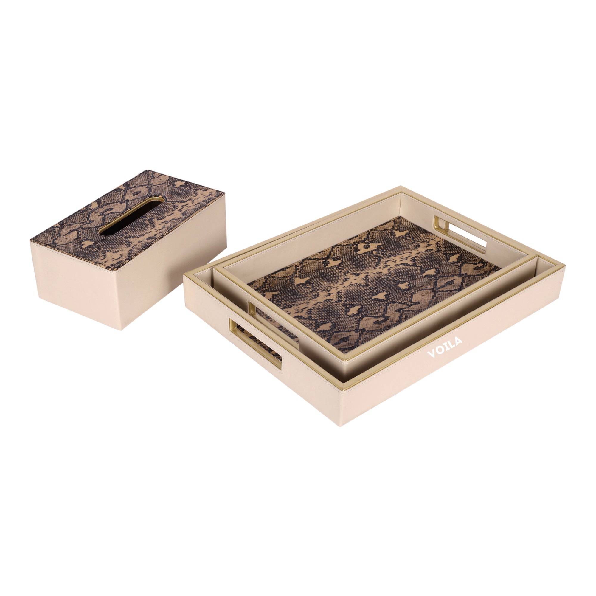 HOMIVA Premium Pink Faux Leatherette 2 Tray & Tissue Box Set with Snake Print – Set of 3