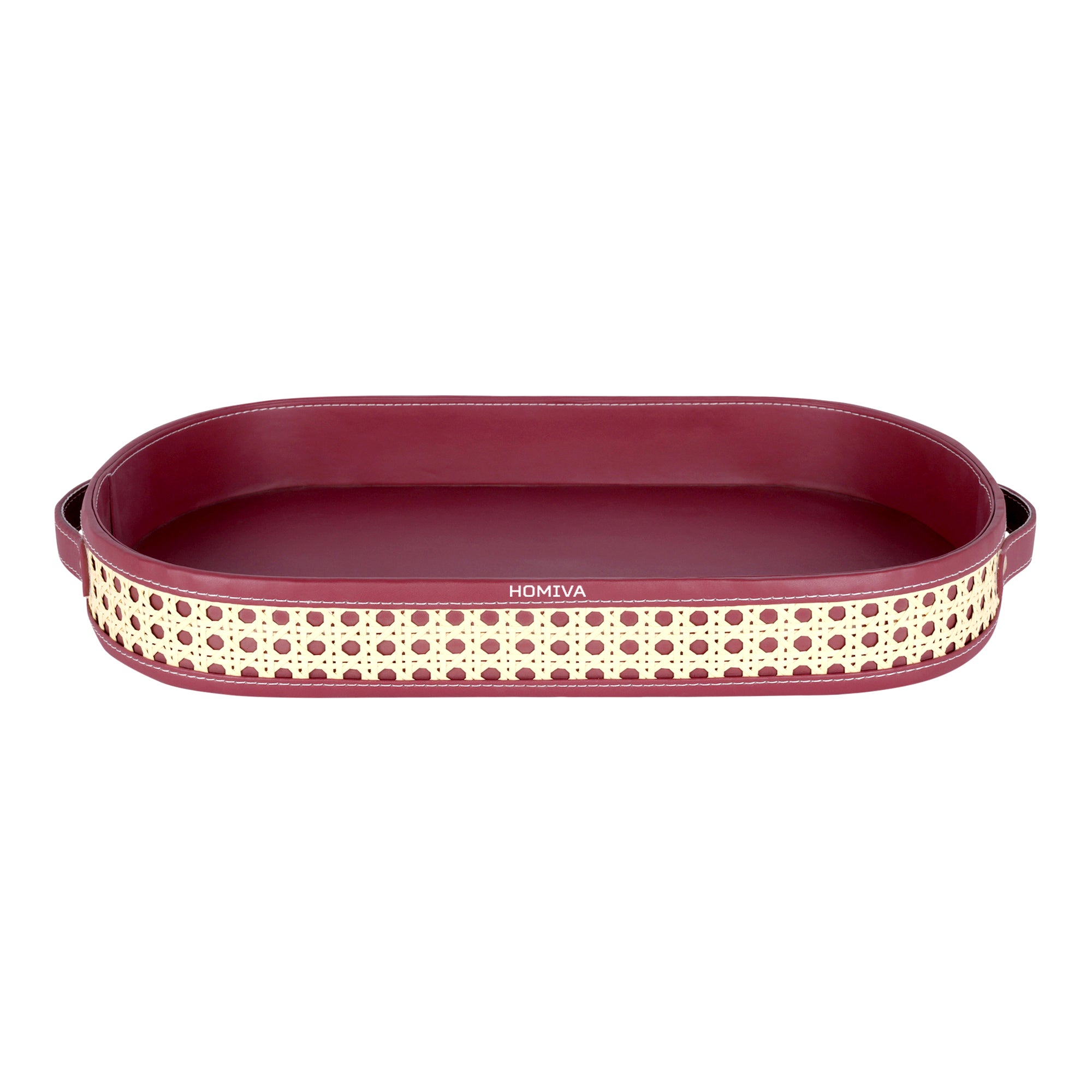 HOMIVA Oval Faux Leather Serving Tray with Cane Design & Handles (Large) – Maroon & Beige
