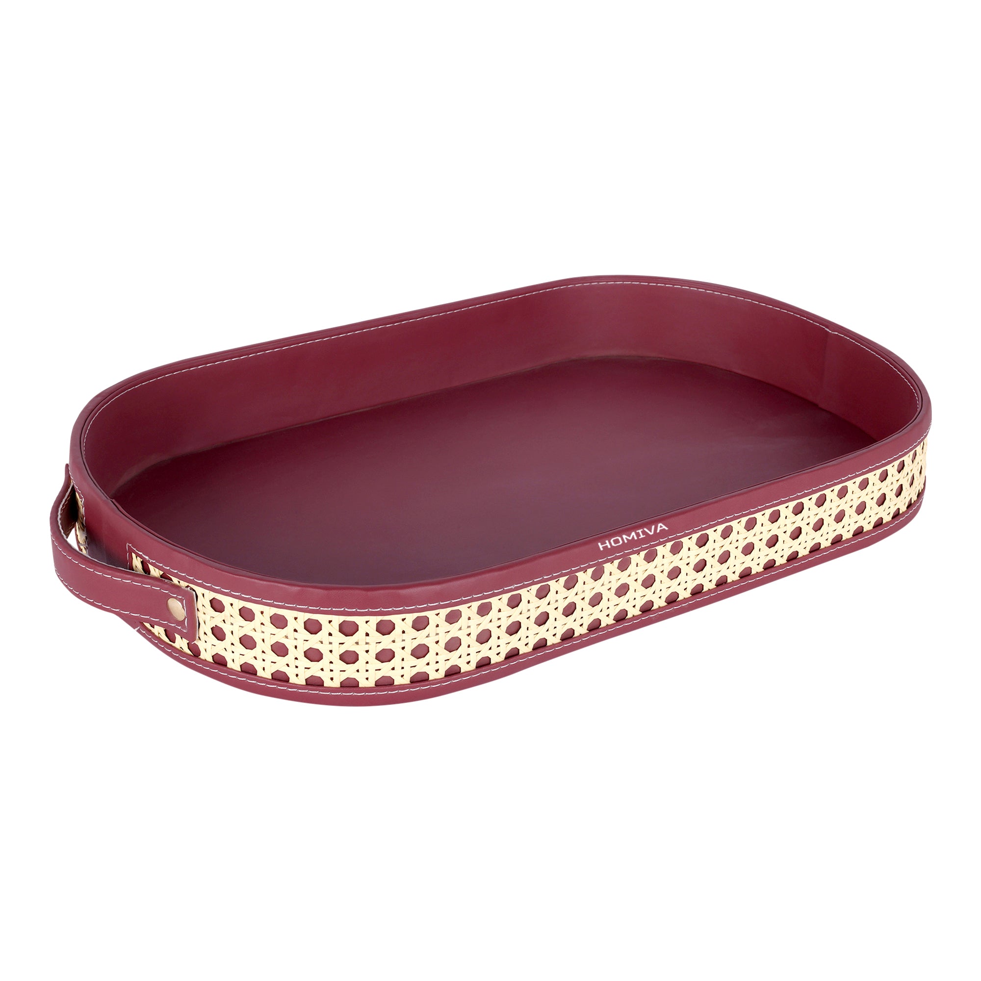 HOMIVA Oval Faux Leatherette Serving Tray with Cane Design & Handles – Maroon & Beige