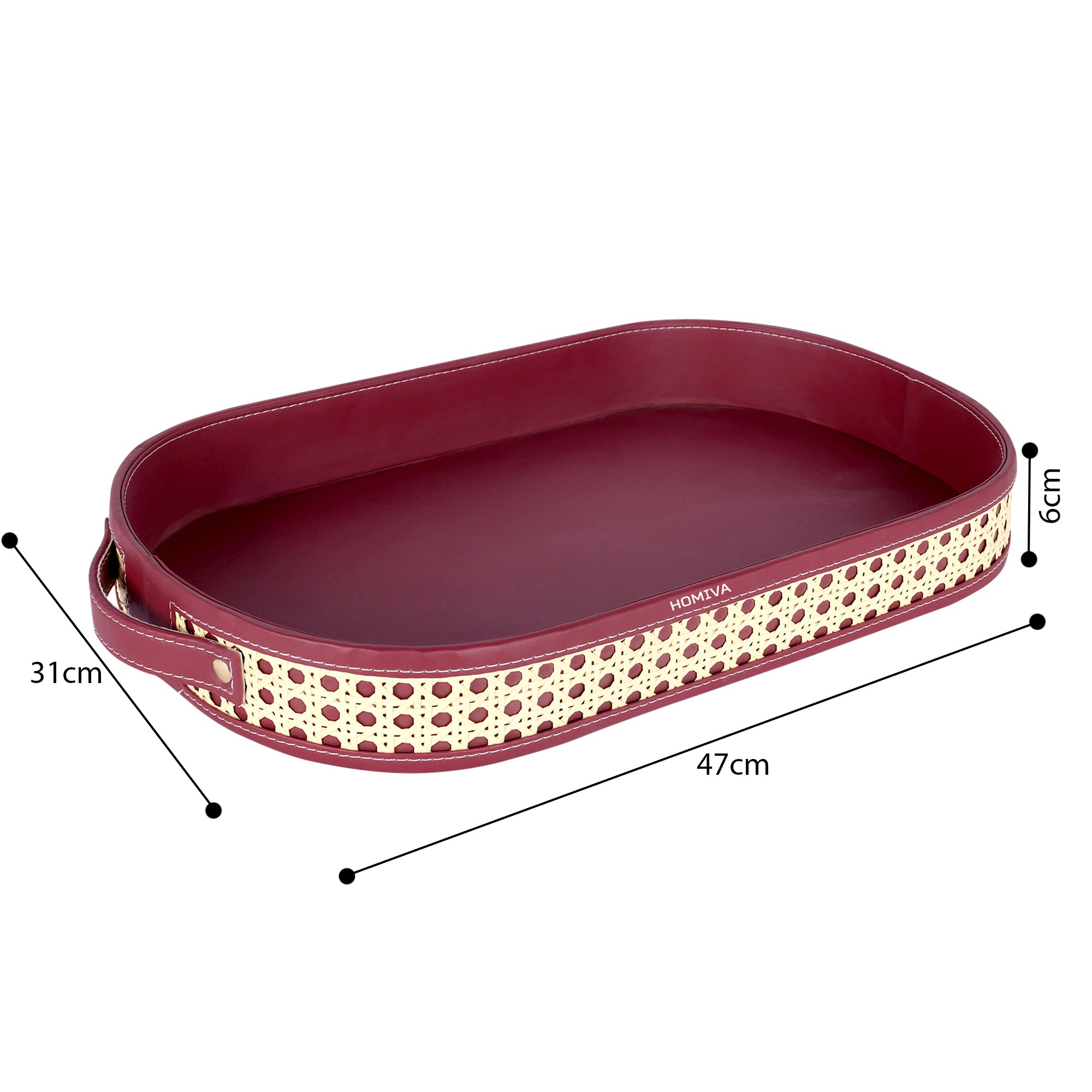 HOMIVA Oval Faux Leather Serving Tray with Cane Design & Handles (Large) – Maroon & Beige