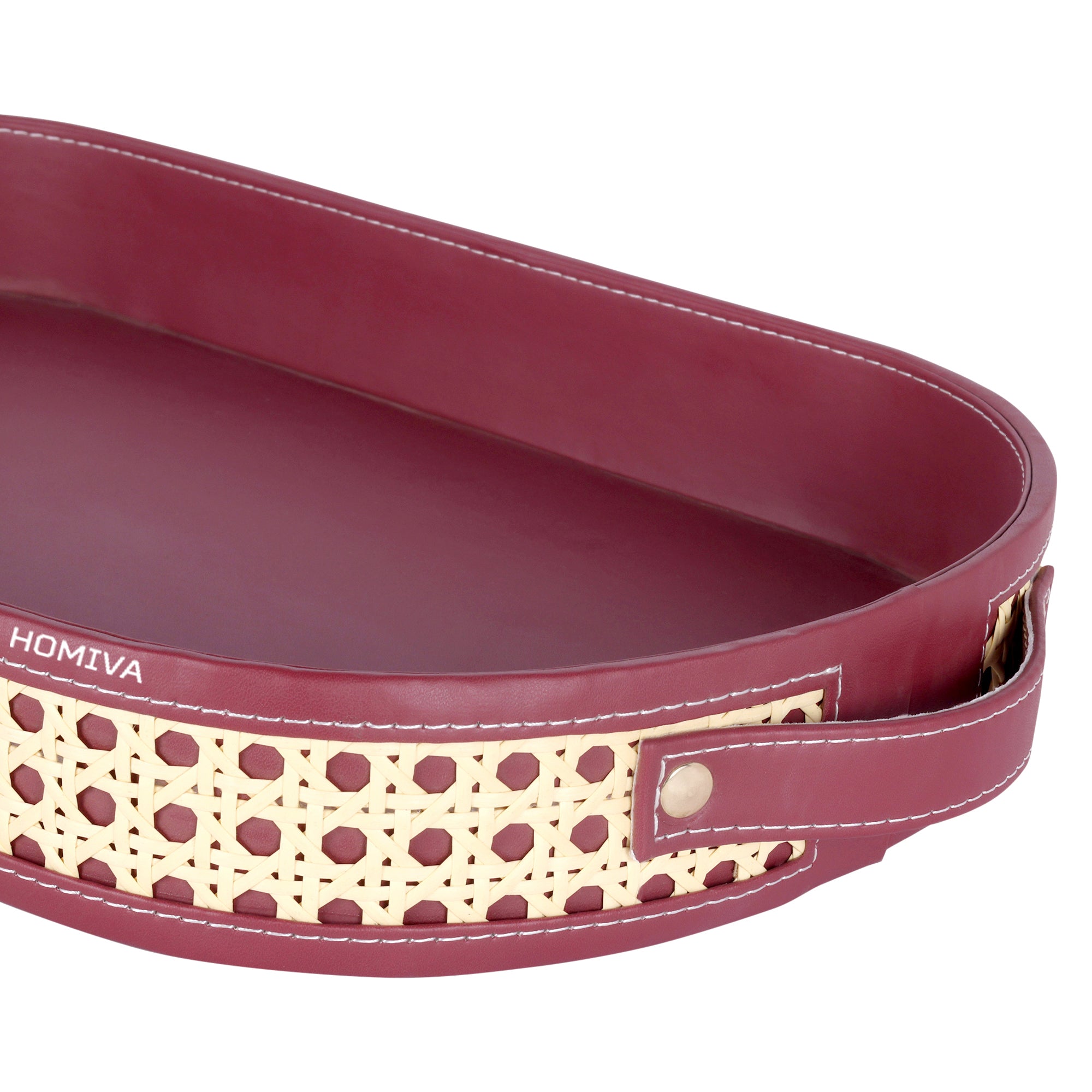 HOMIVA Oval Faux Leatherette Serving Tray with Cane Design & Handles – Maroon & Beige