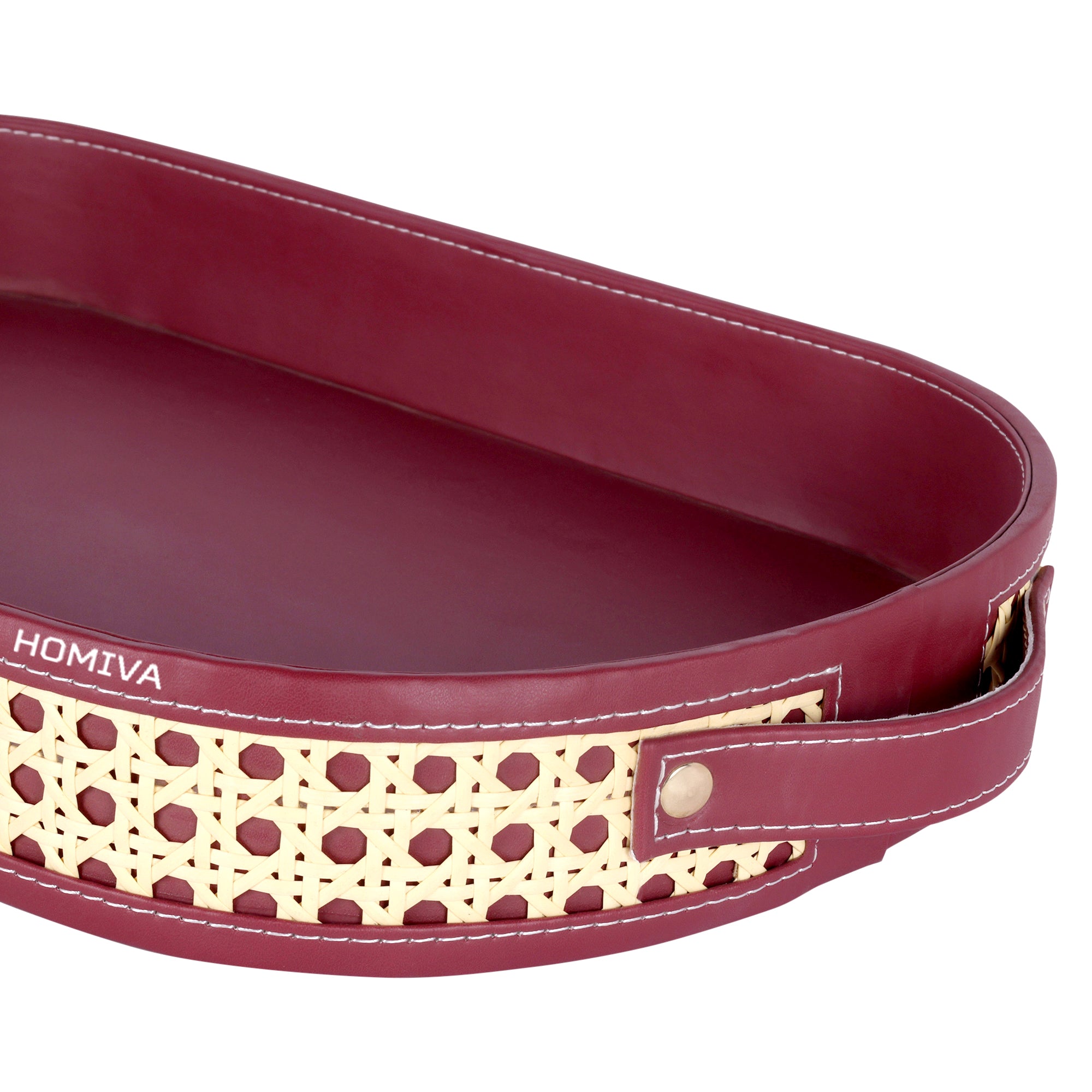 HOMIVA Oval Faux Leather Serving Tray with Cane Design & Handles (Large) – Maroon & Beige