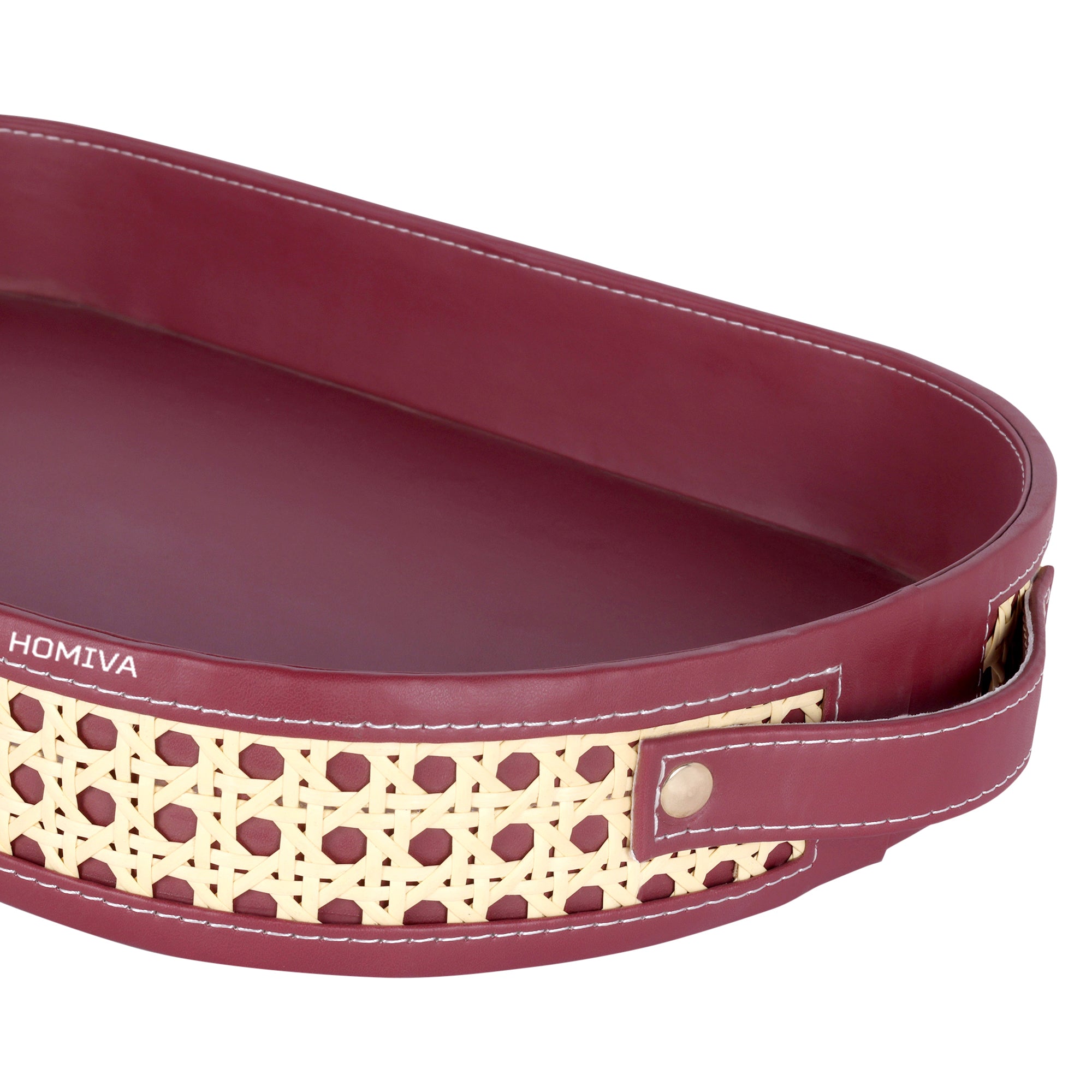 HOMIVA Set of 2 Oval Faux Leatherette Decorative Trays – Maroon & Beige