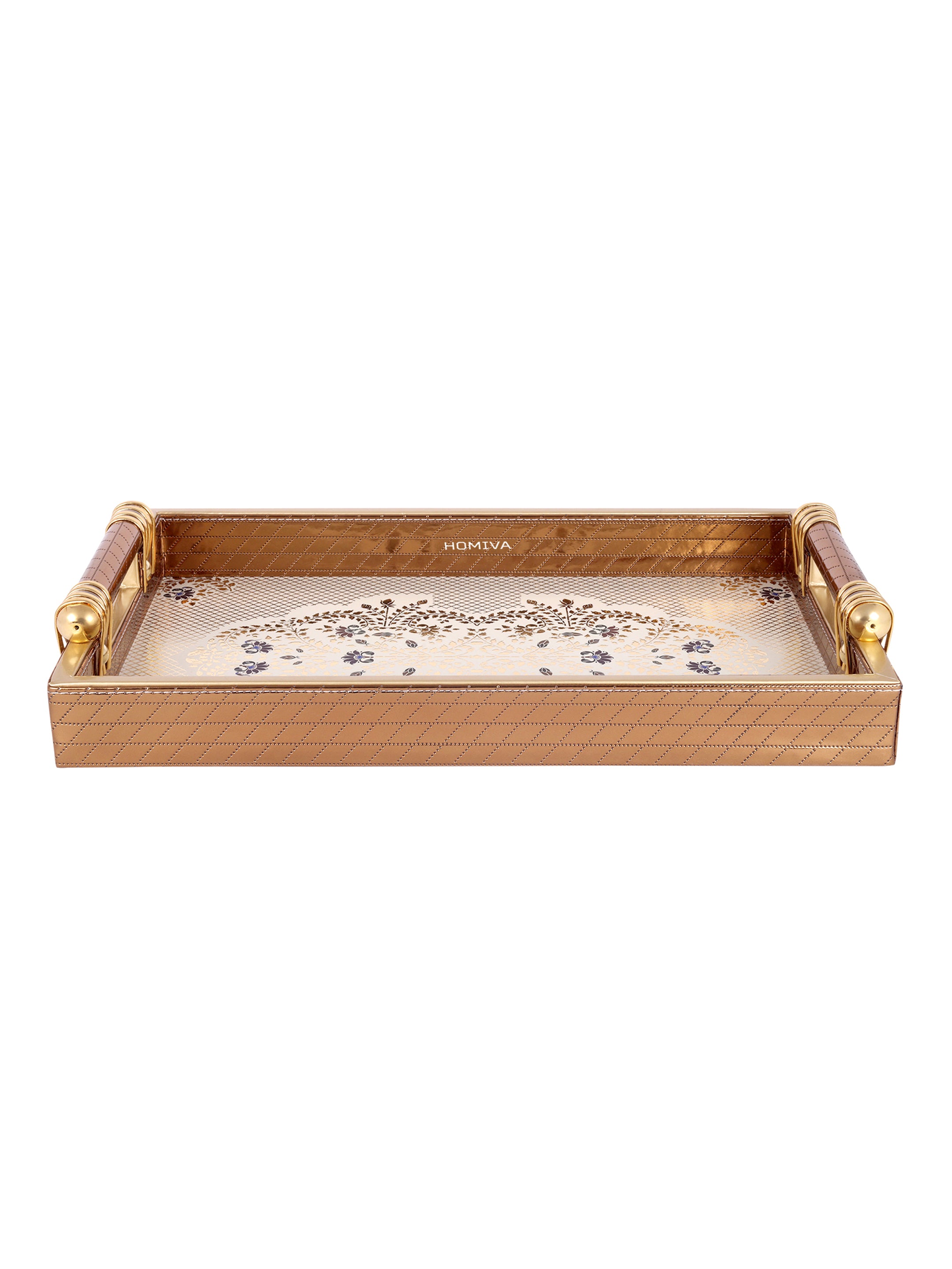 HOMIVA Luxury Faux Leatherette Serving Tray with Handles, Elegant Design with Gold Accents (Small)