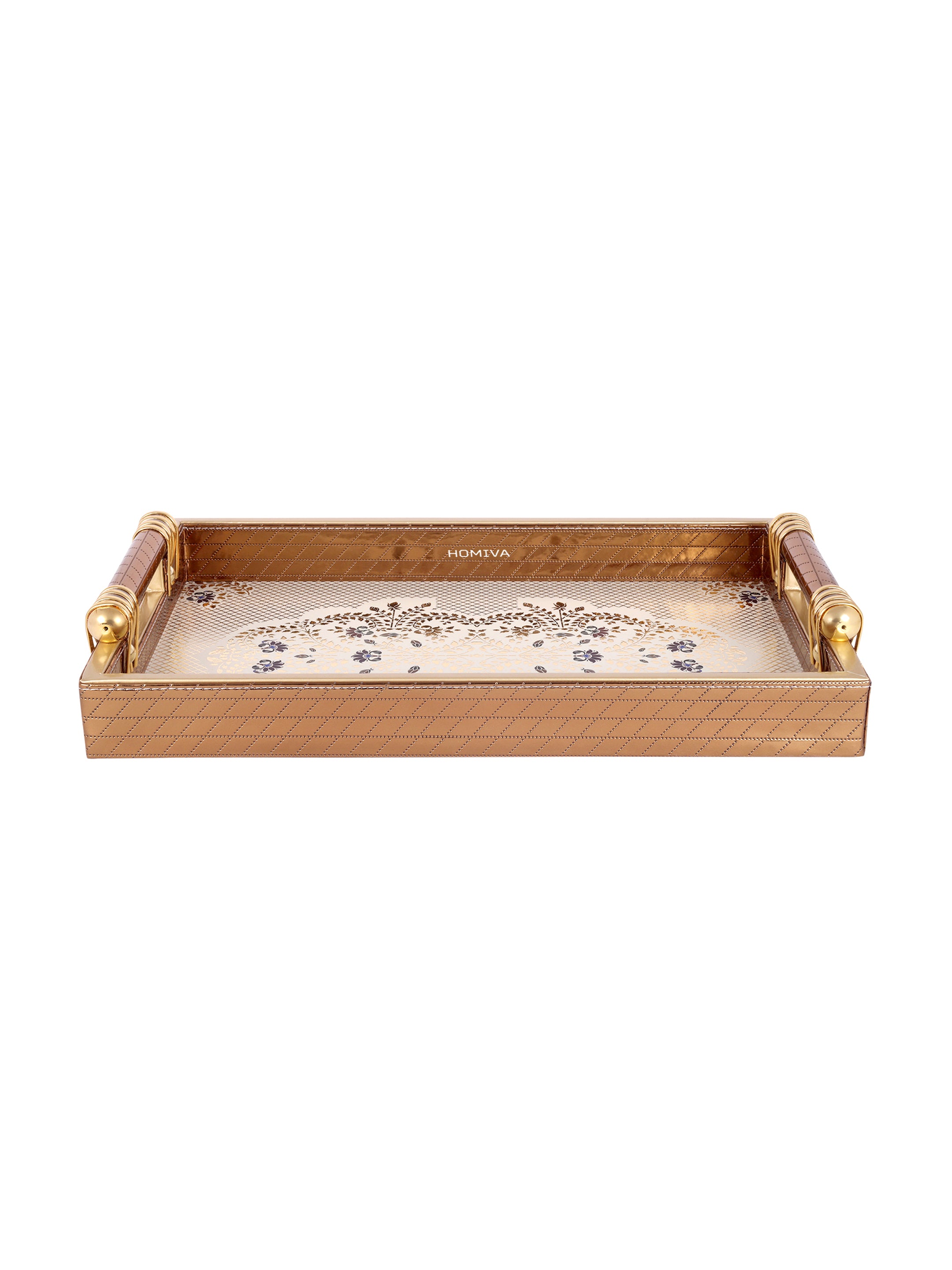 HOMIVA Luxury Faux Leatherette Serving Tray with Handles, Elegant Design with Gold Accents (Large)