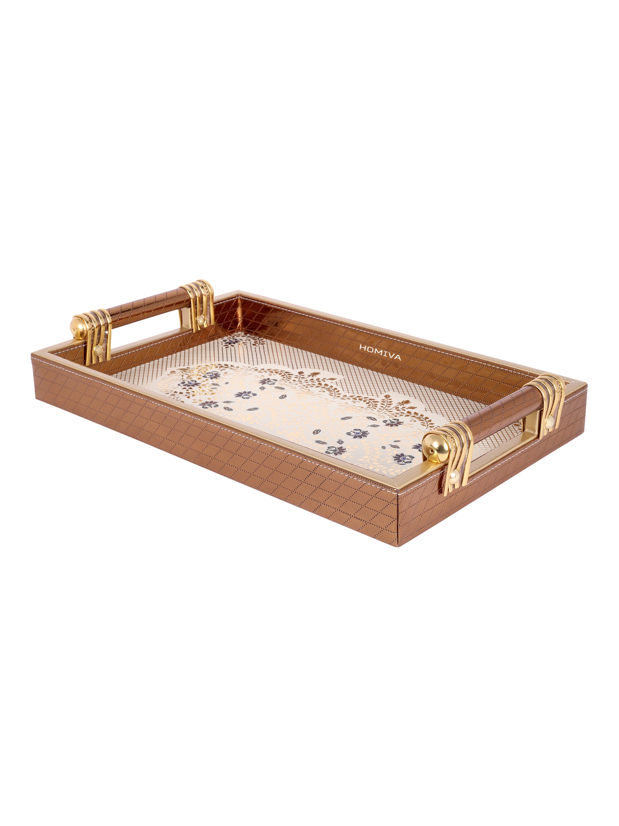HOMIVA Luxury Faux Leatherette Serving Tray with Handles, Elegant Design with Gold Accents (Large)