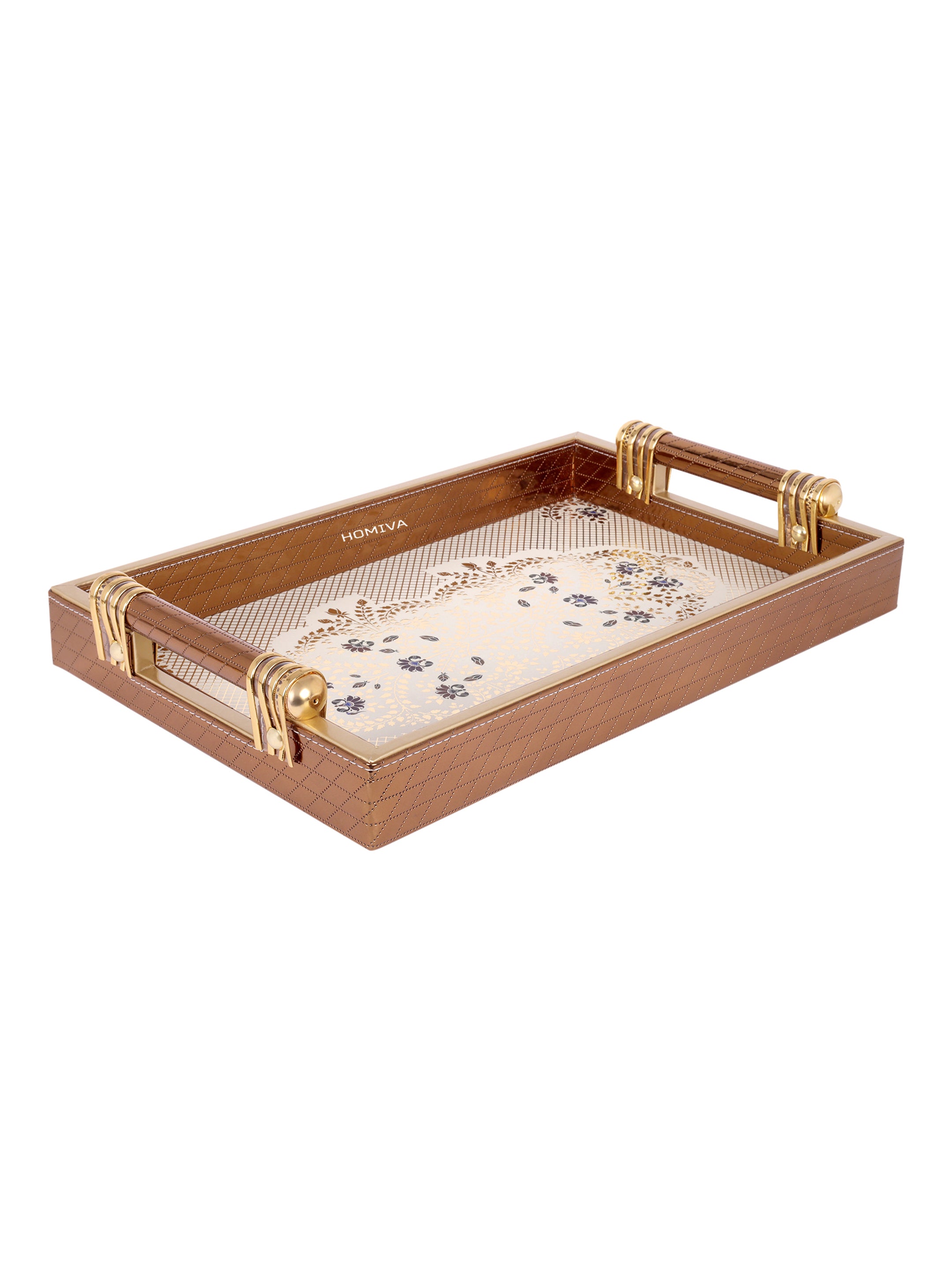 HOMIVA Luxury Faux Leatherette Serving Tray with Handles, Elegant Design with Gold Accents (Small)