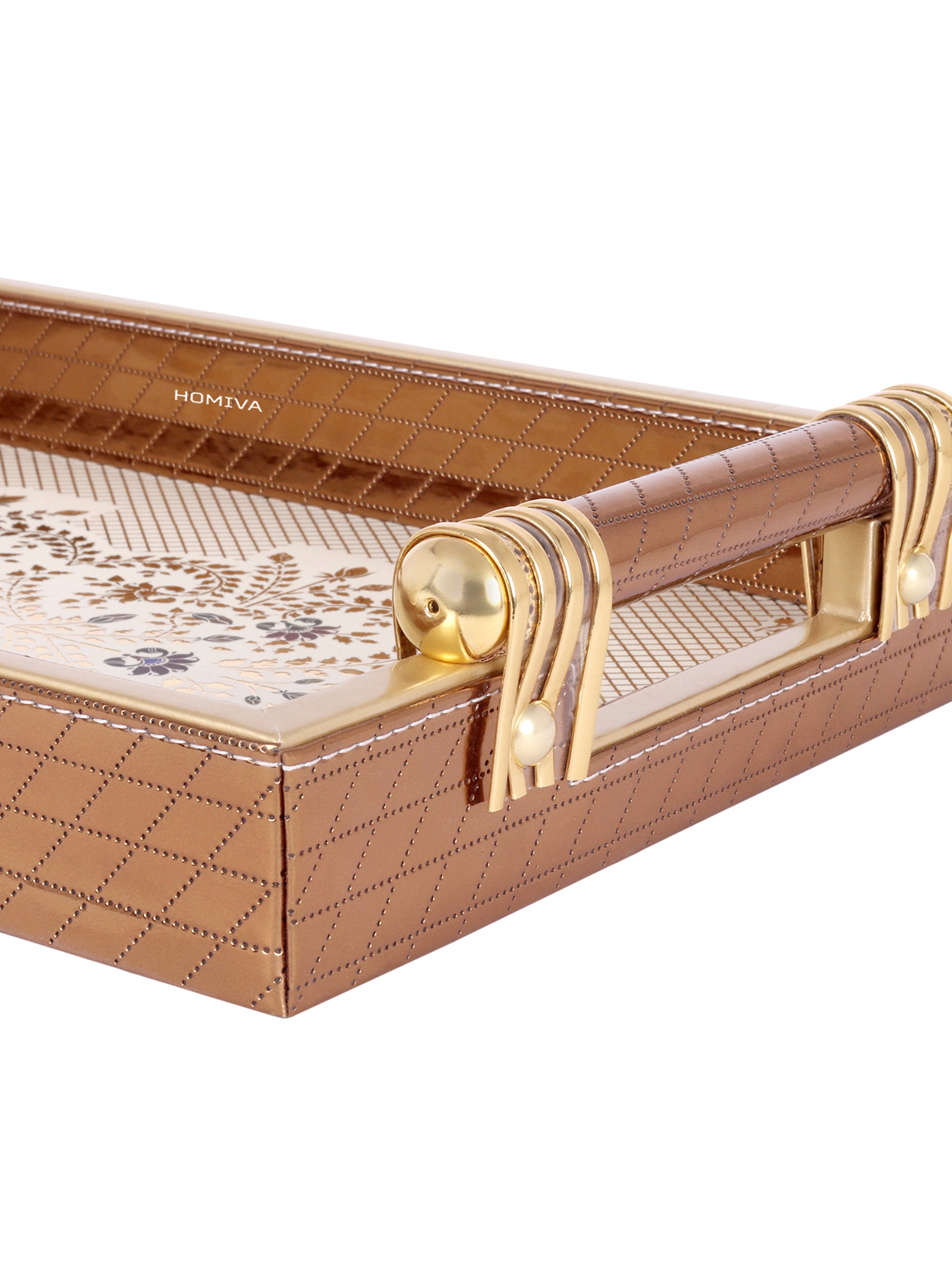 HOMIVA Luxury Faux Leatherette Serving Tray with Handles, Elegant Design with Gold Accents (Small)