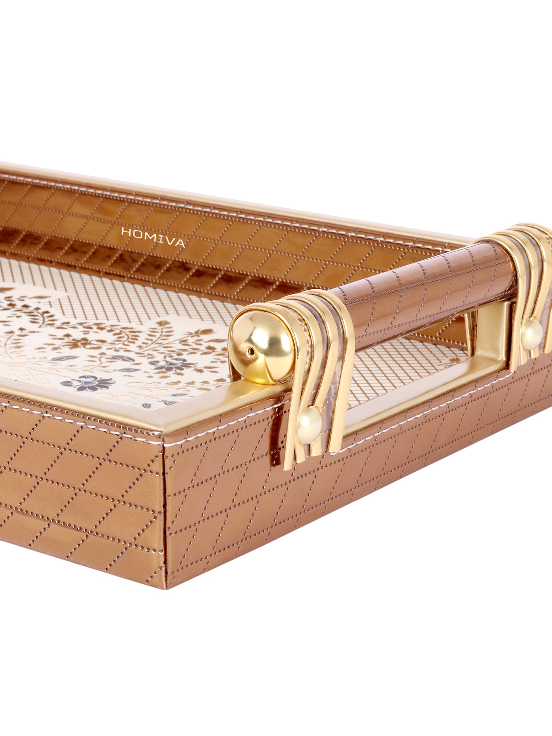 HOMIVA Luxury Faux Leather Serving Tray with Handles,Elegant Design with Gold Accents- Set of 2