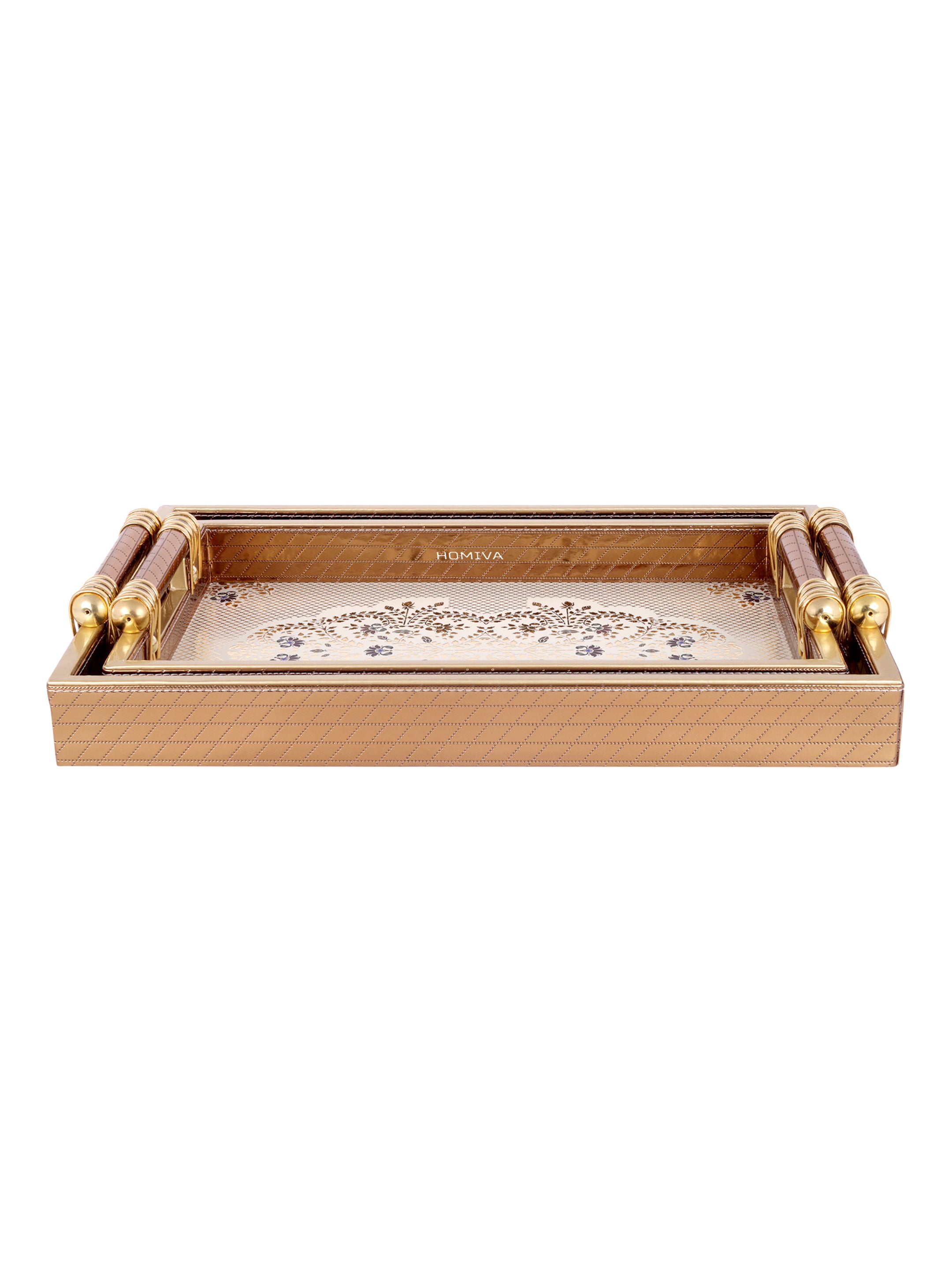 HOMIVA Luxury Faux Leather Serving Tray with Handles,Elegant Design with Gold Accents- Set of 2