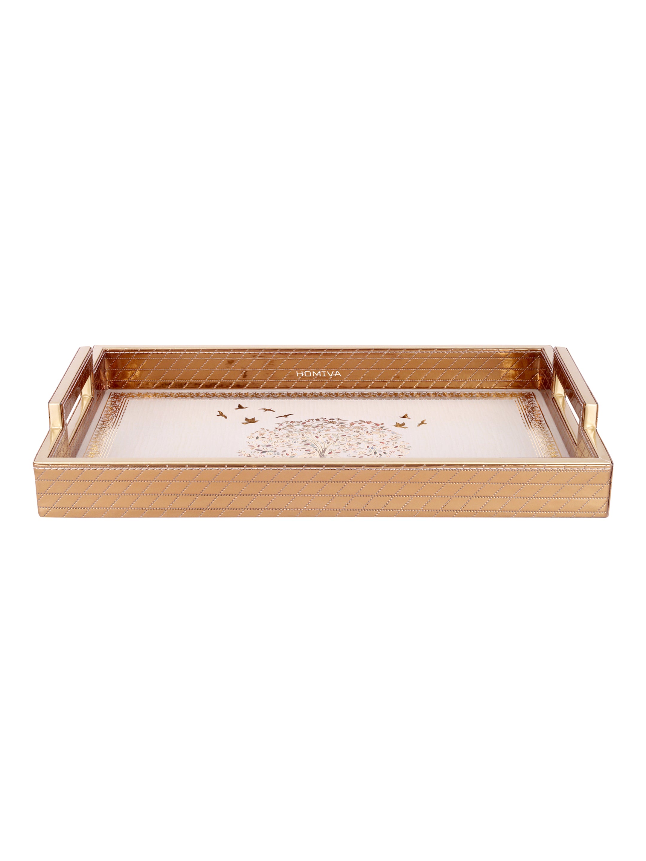 HOMIVA Elegant Faux Leatherette Tray Decorative Serving Trays with Gold Handles (Small) - Brown