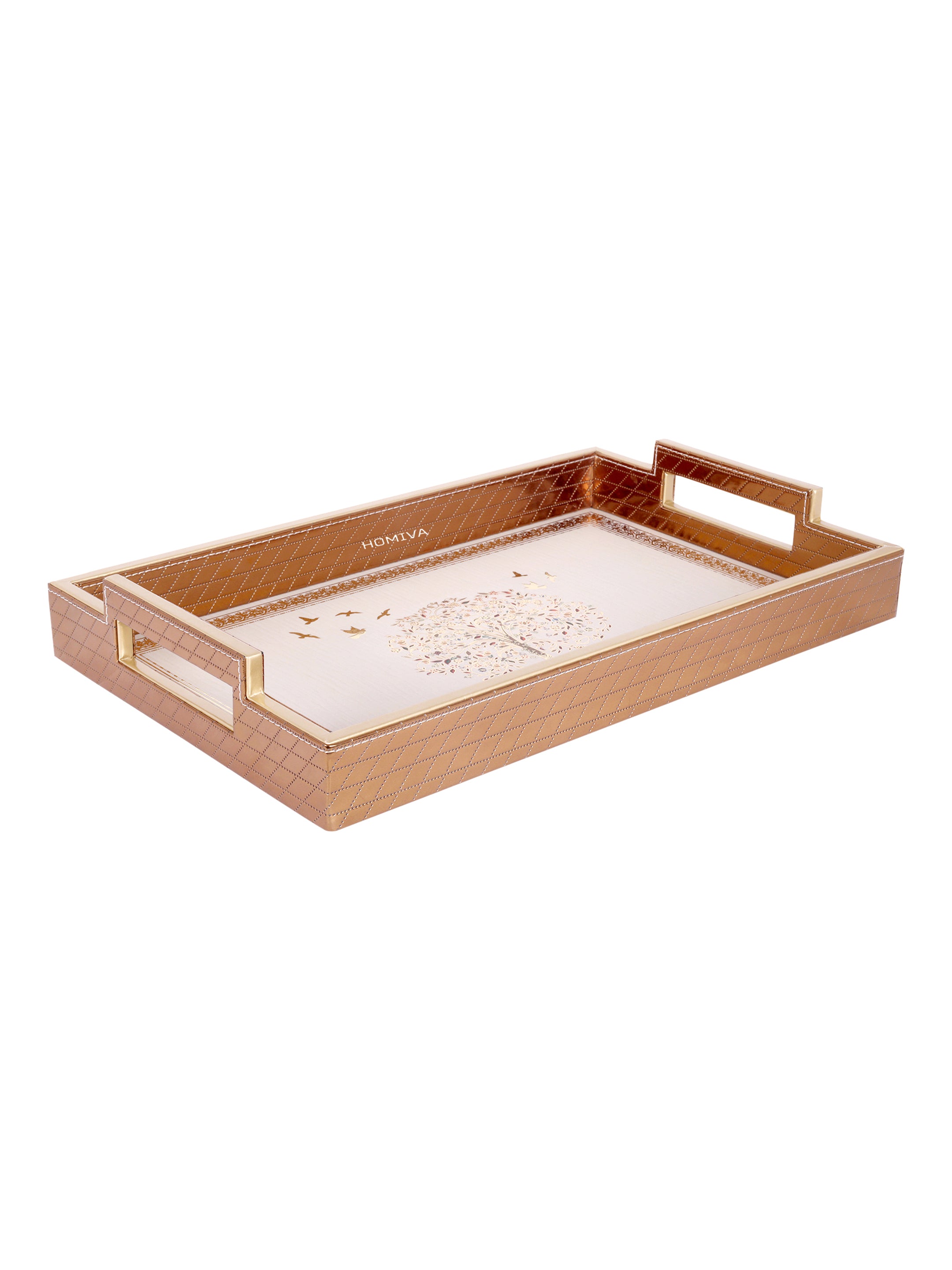 HOMIVA Elegant Faux Leatherette Tray  Decorative Serving Trays with Gold Handles (Small) - Brown