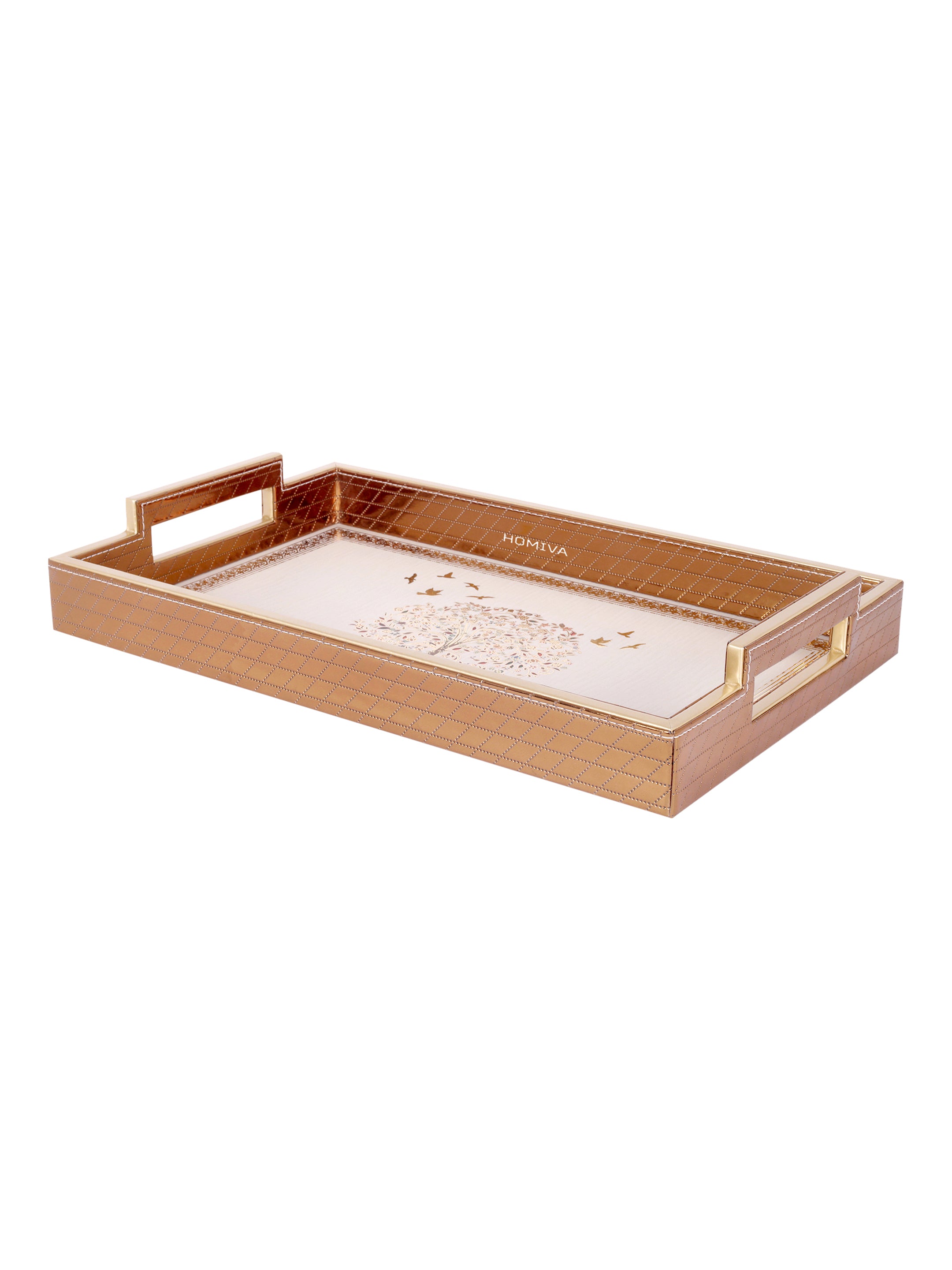 HOMIVA Elegant Faux Leatherette Tray  Decorative Serving Trays with Gold Handles (Small) - Brown