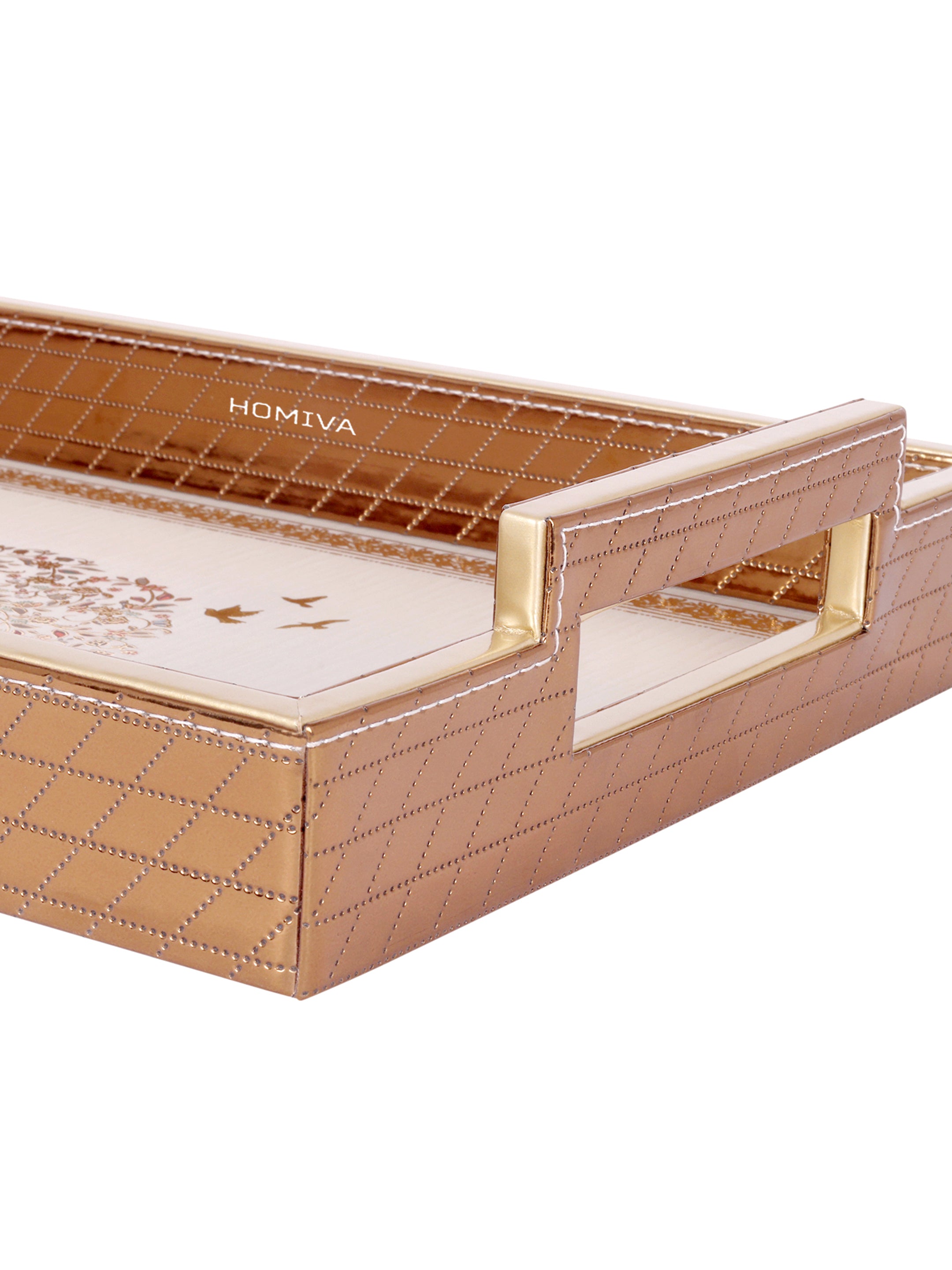 HOMIVA Elegant Faux Leatherette Tray  Decorative Serving Trays with Gold Handles (Small) - Brown