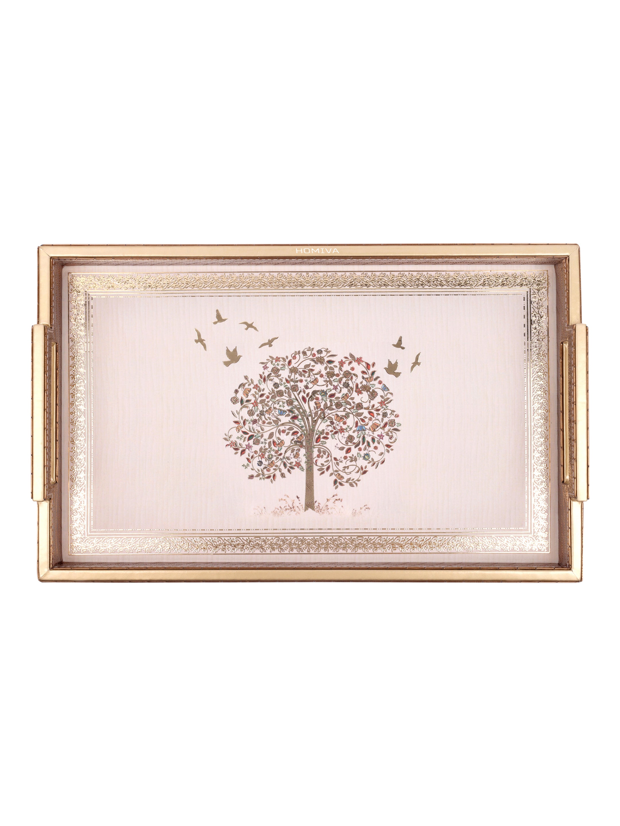 HOMIVA Elegant Faux Leatherette Tray  Decorative Serving Trays with Gold Handles (Small) - Brown