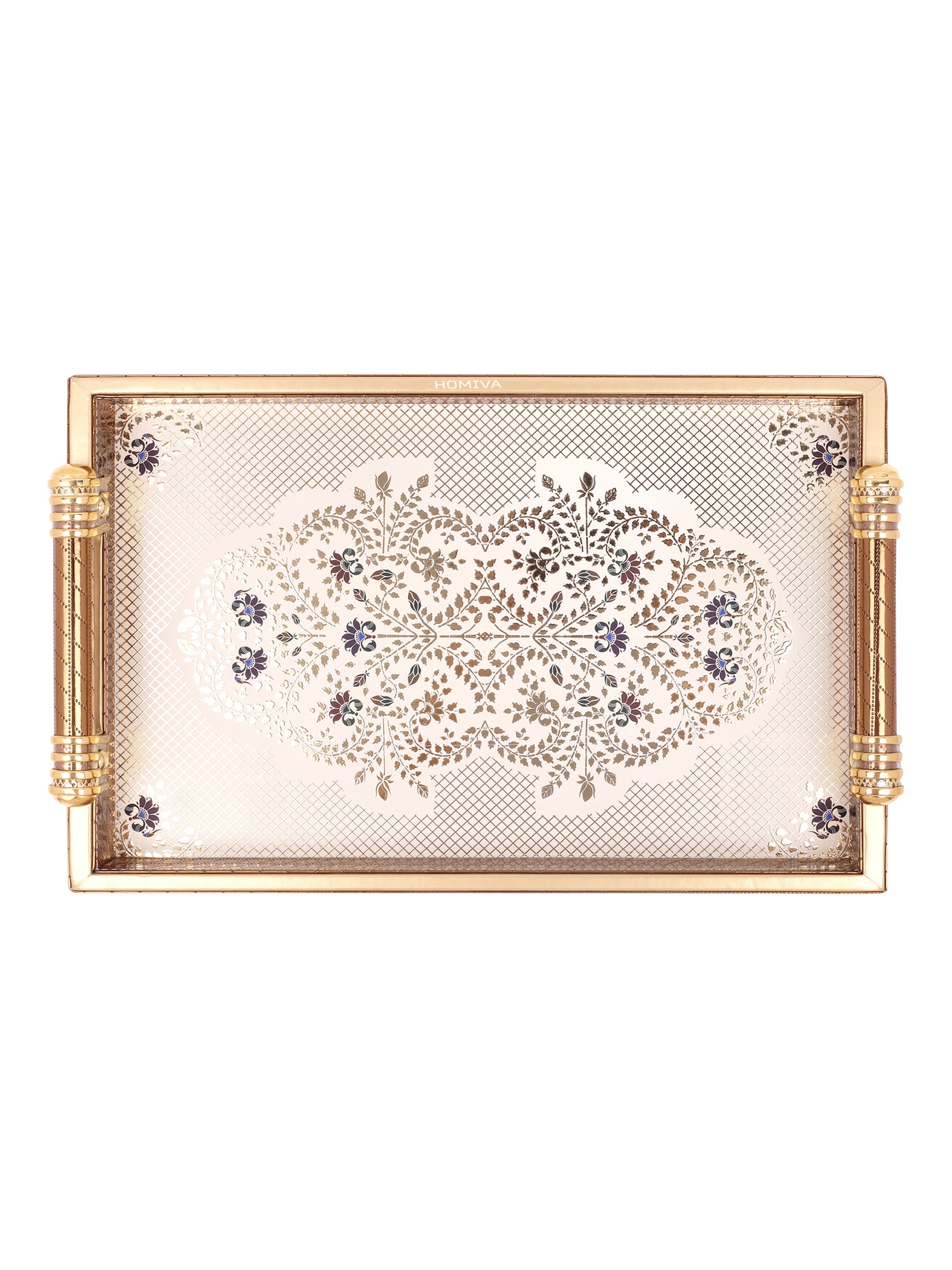 HOMIVA Luxury Faux Leatherette Serving Tray with Handles, Elegant Design with Gold Accents (Small)