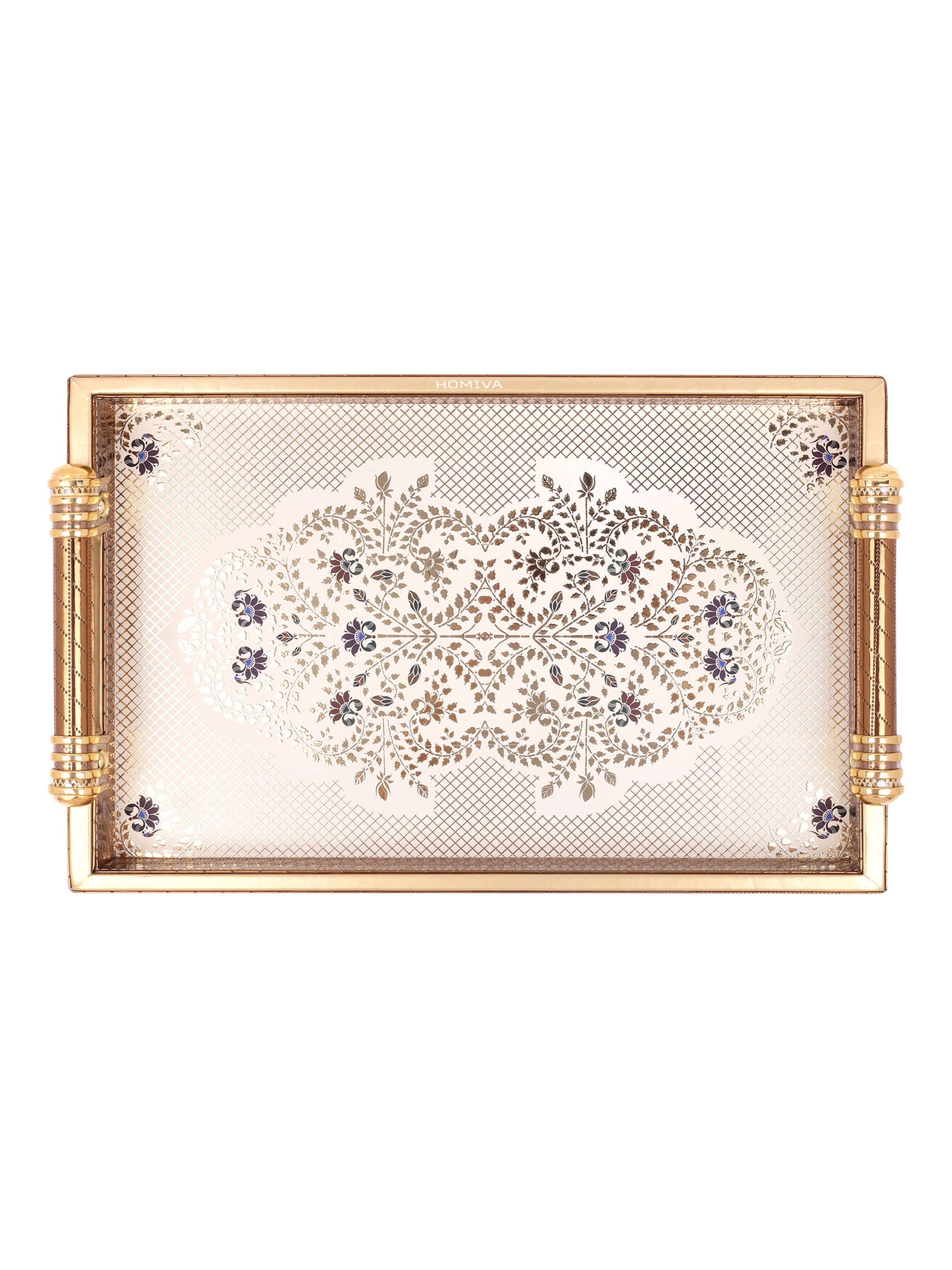 HOMIVA Luxury Faux Leatherette Serving Tray with Handles, Elegant Design with Gold Accents (Large)