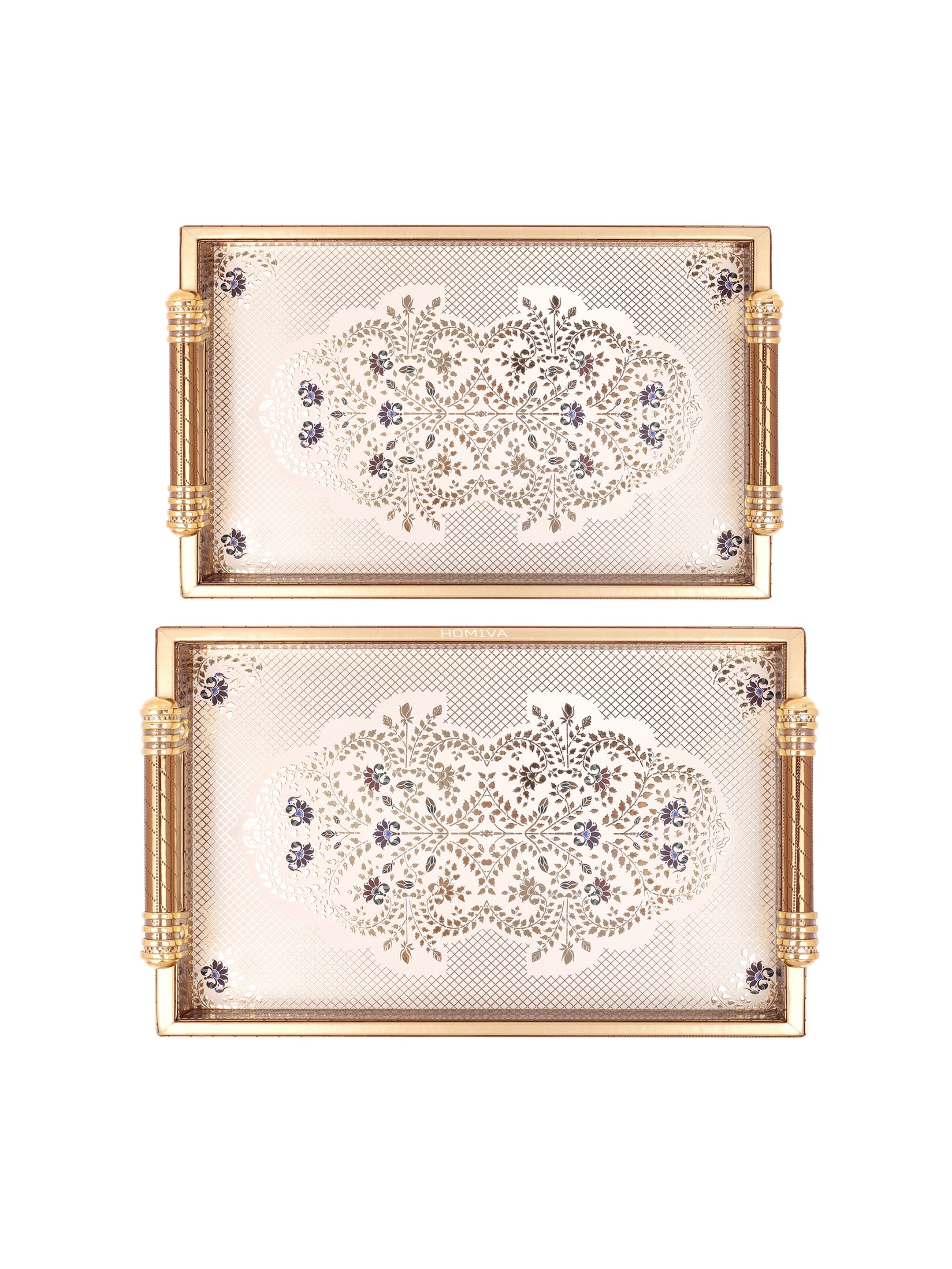 HOMIVA Luxury Faux Leather Serving Tray with Handles,Elegant Design with Gold Accents- Set of 2