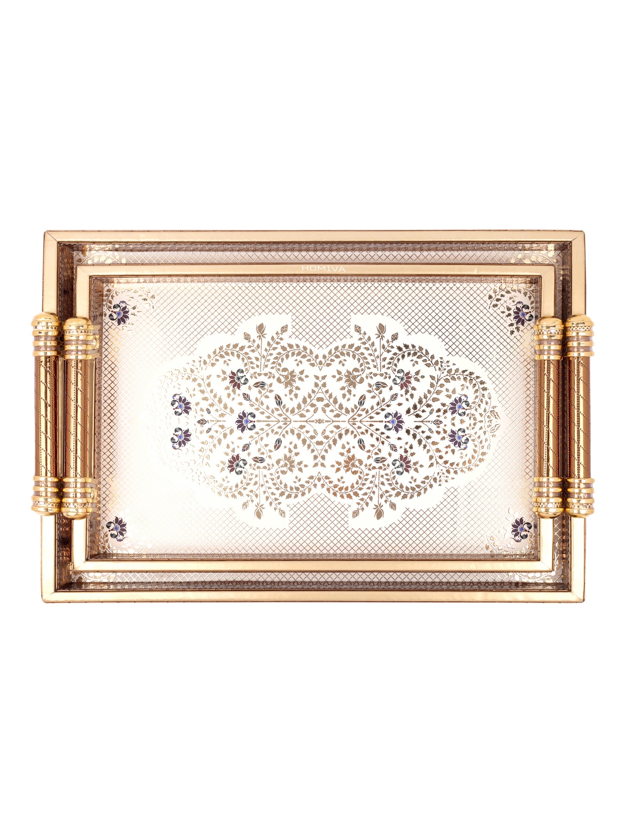 HOMIVA Luxury Faux Leather Serving Tray with Handles,Elegant Design with Gold Accents- Set of 2