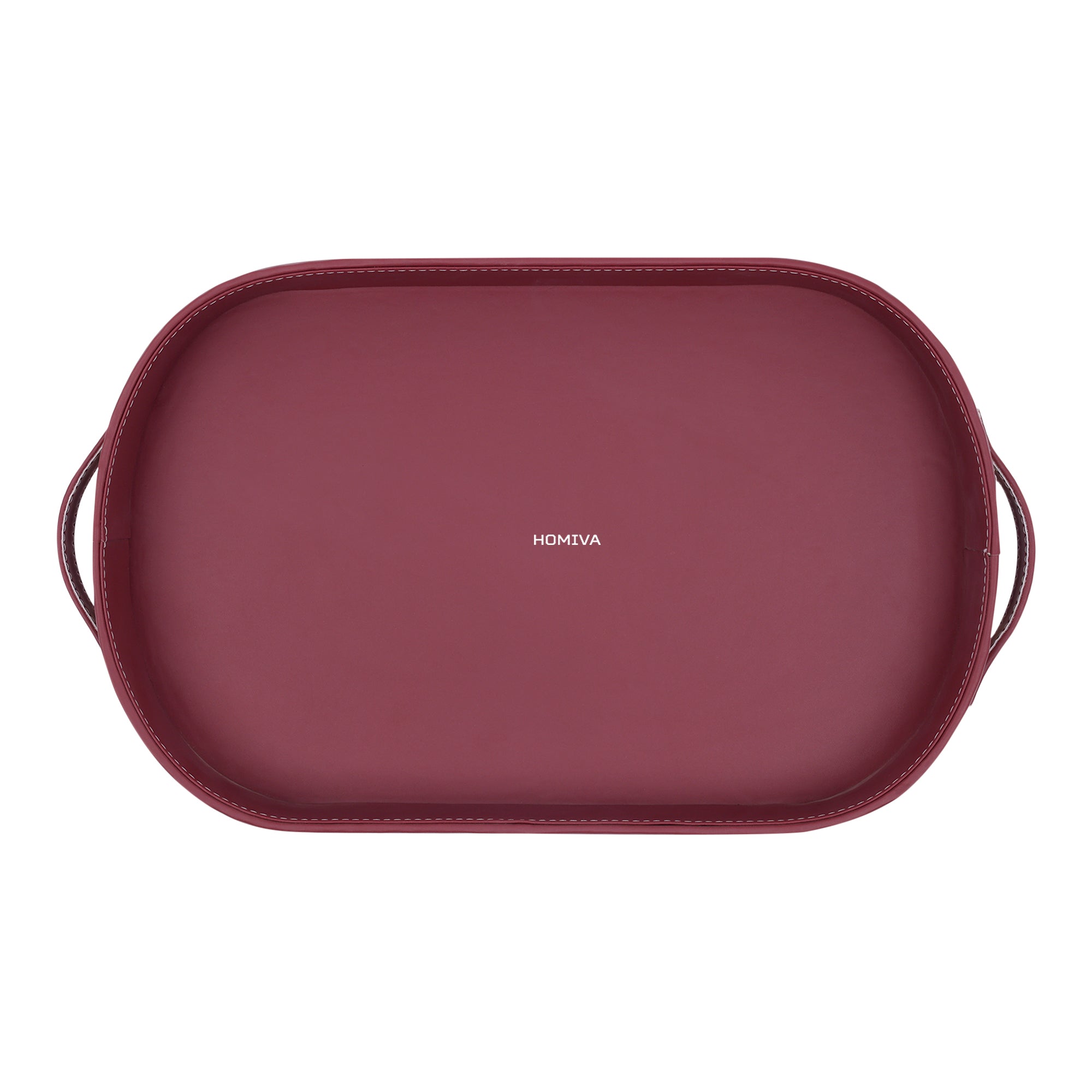 HOMIVA Oval Faux Leatherette Serving Tray with Cane Design & Handles – Maroon & Beige