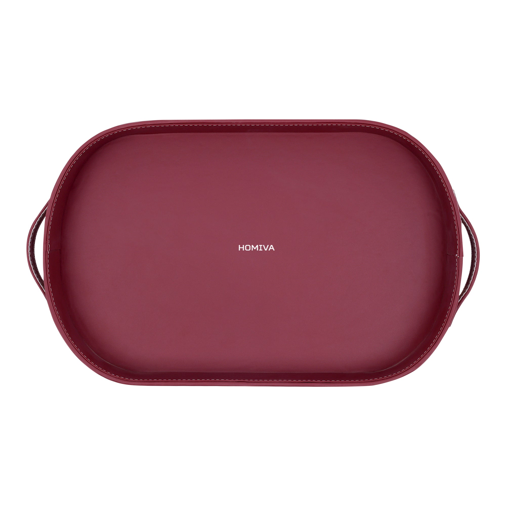 HOMIVA Oval Faux Leather Serving Tray with Cane Design & Handles (Large) – Maroon & Beige