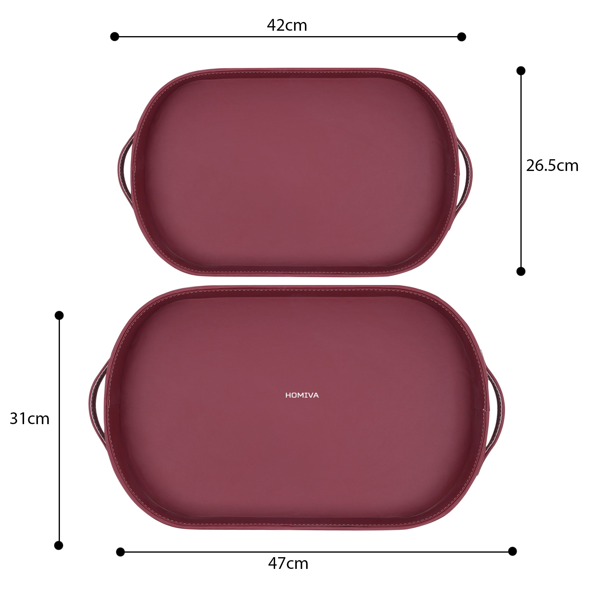 HOMIVA Set of 2 Oval Faux Leatherette Decorative Trays – Maroon & Beige