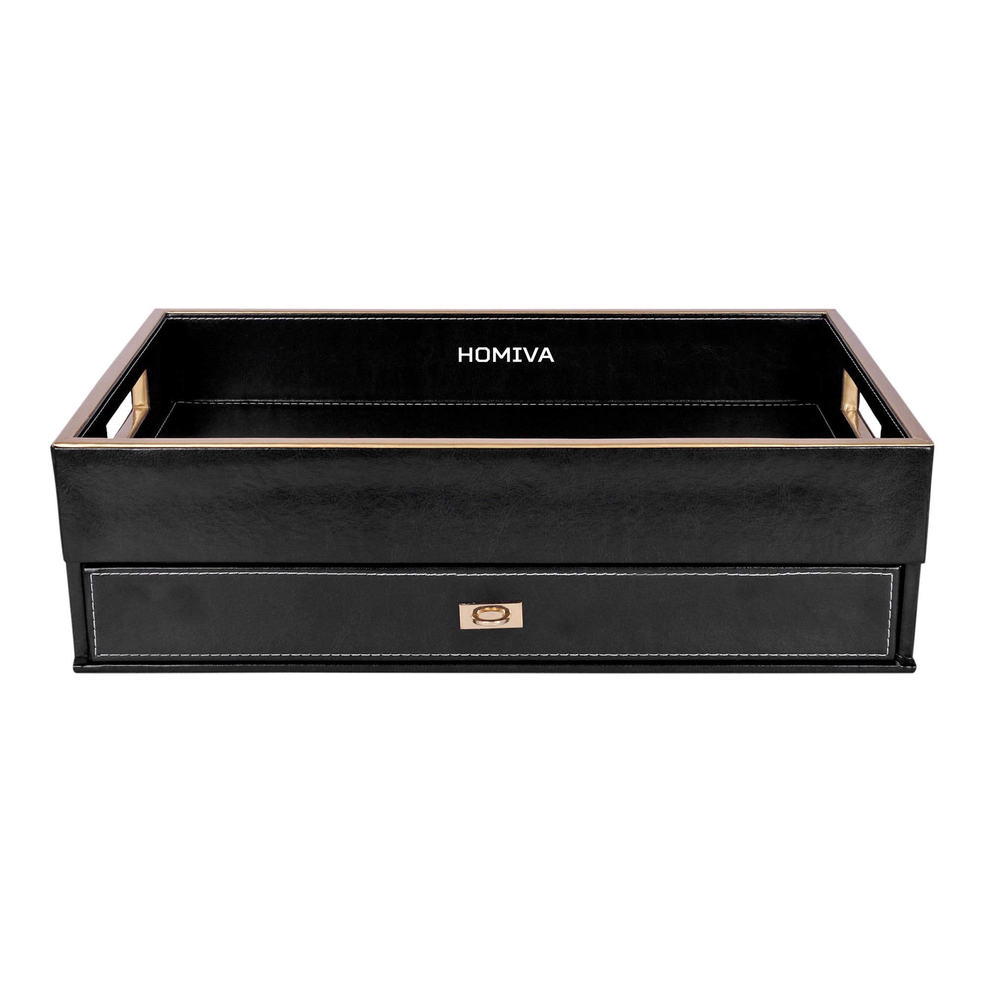 HOMIVA Premium Black Leatherette Drawer Organizer Tray with 8-Compartment Pull-Out Storage