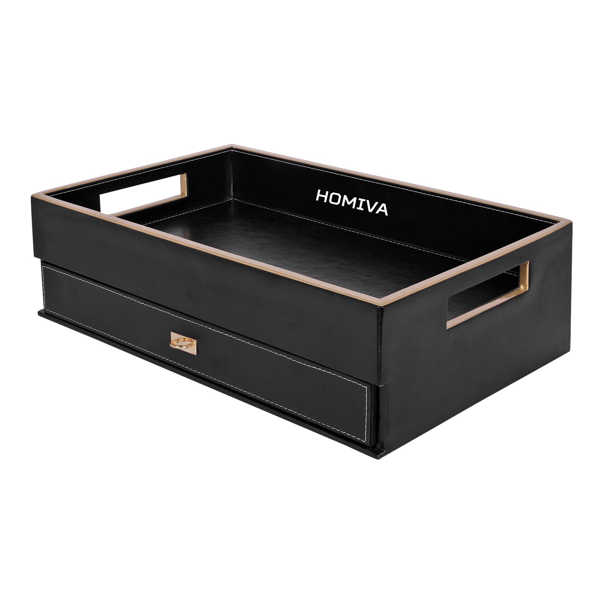 HOMIVA Premium Black Leatherette Drawer Organizer Tray with 8-Compartment Pull-Out Storage