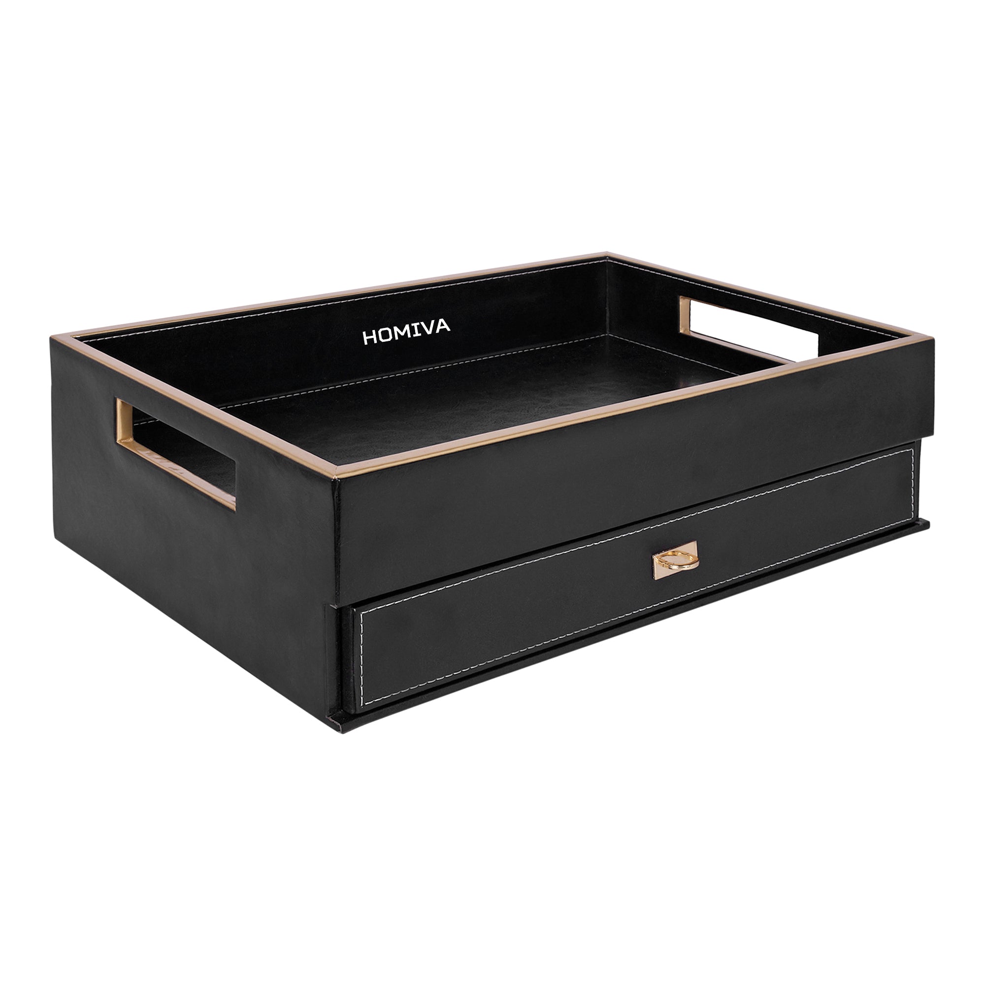 HOMIVA Premium Black Leatherette Drawer Organizer Tray with 8-Compartment Pull-Out Storage