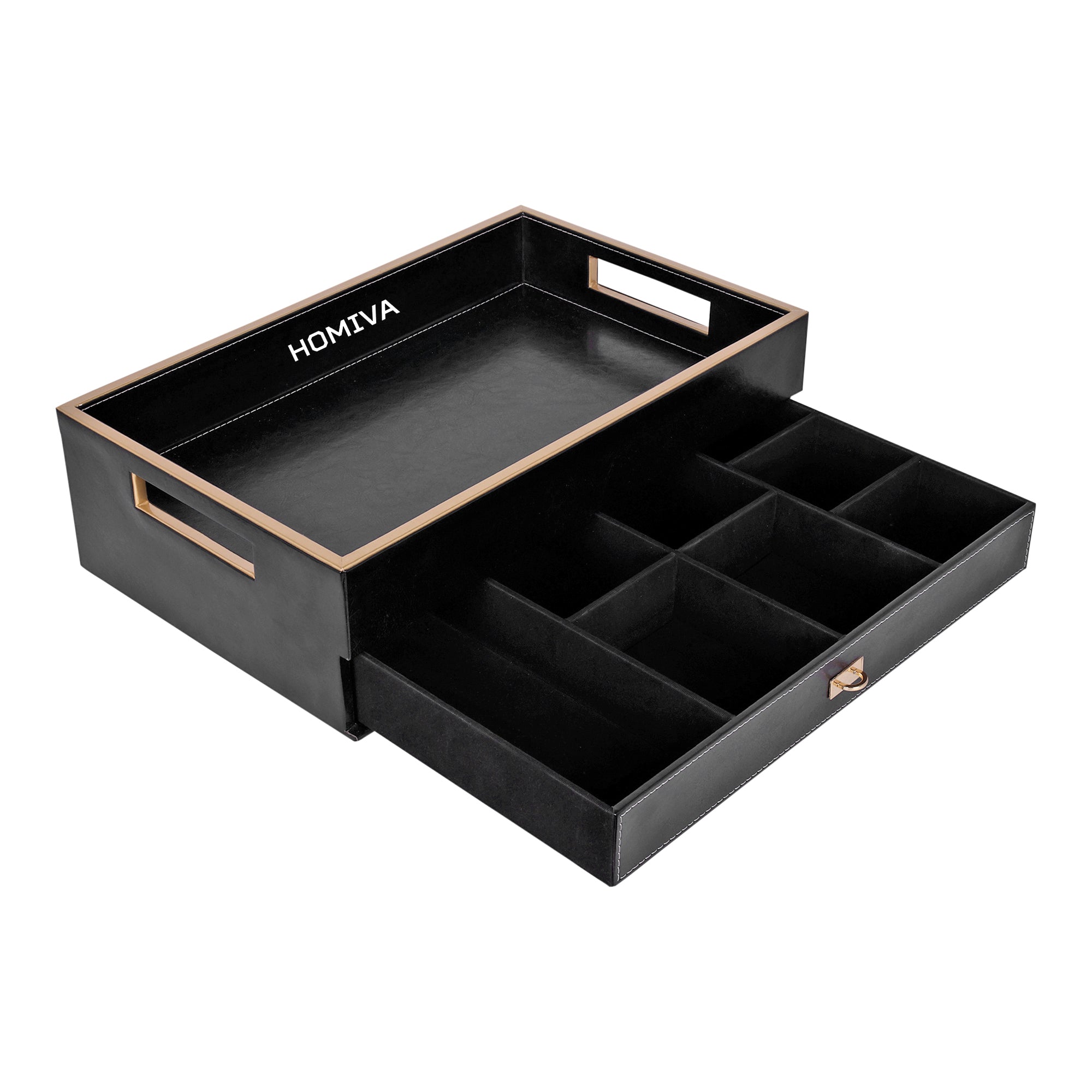 HOMIVA Premium Black Leatherette Drawer Organizer Tray with 8-Compartment Pull-Out Storage
