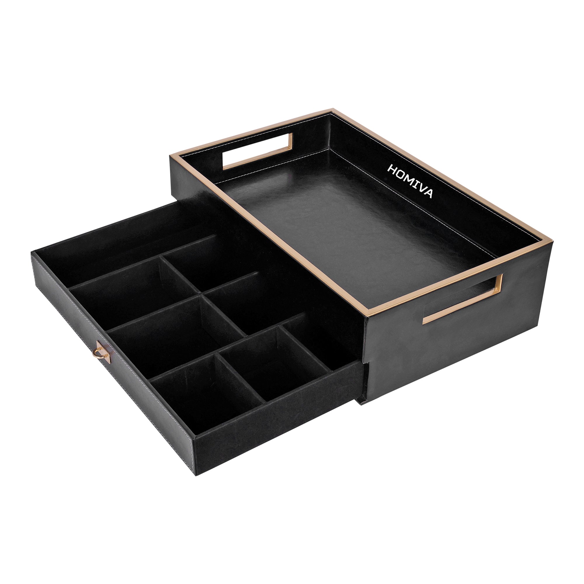 HOMIVA Premium Black Leatherette Drawer Organizer Tray with 8-Compartment Pull-Out Storage