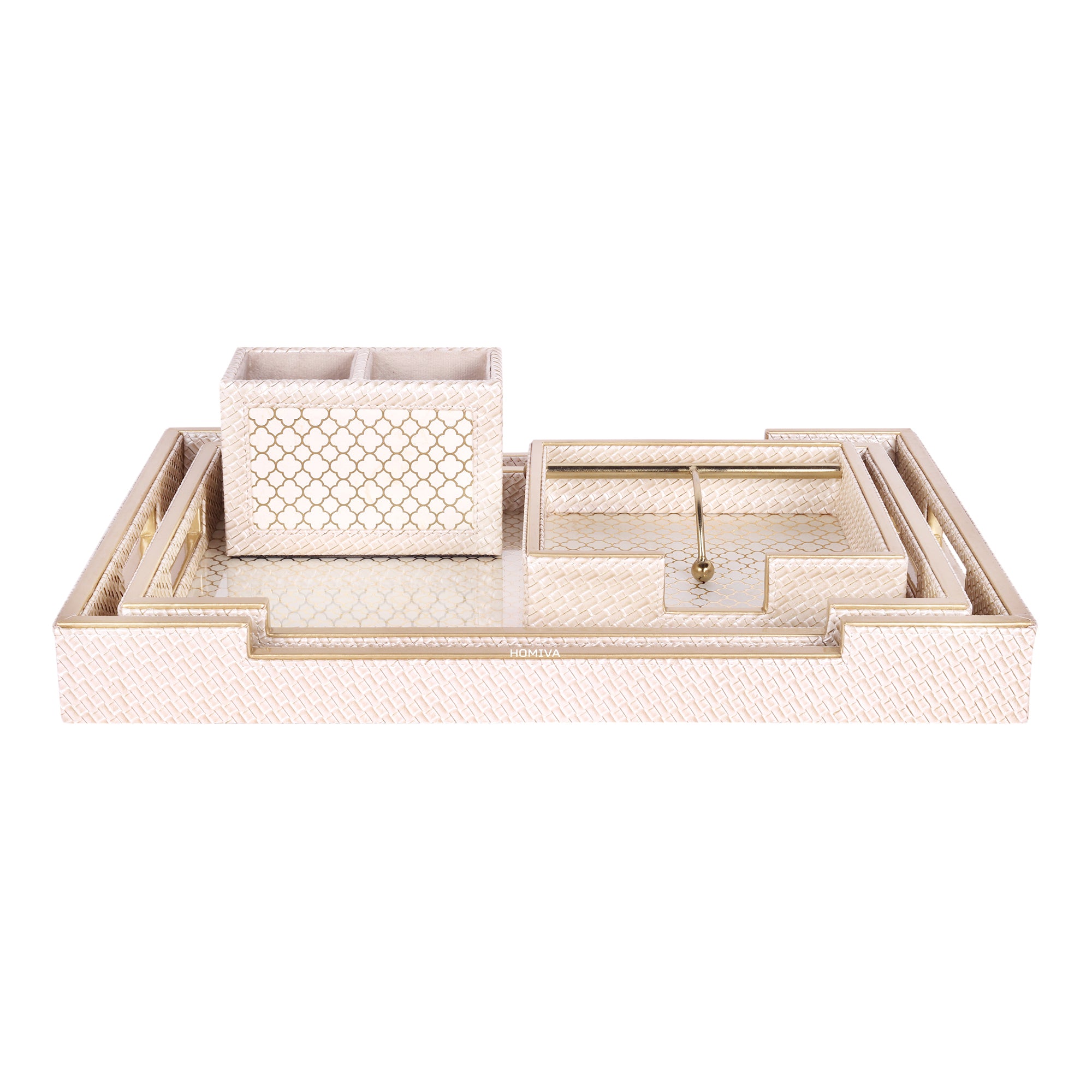 HOMIVA Luxury Leatherette Set – 2 Serving Trays, Spoon Holders & Multipurpose Paper Tray - Beige & Gold