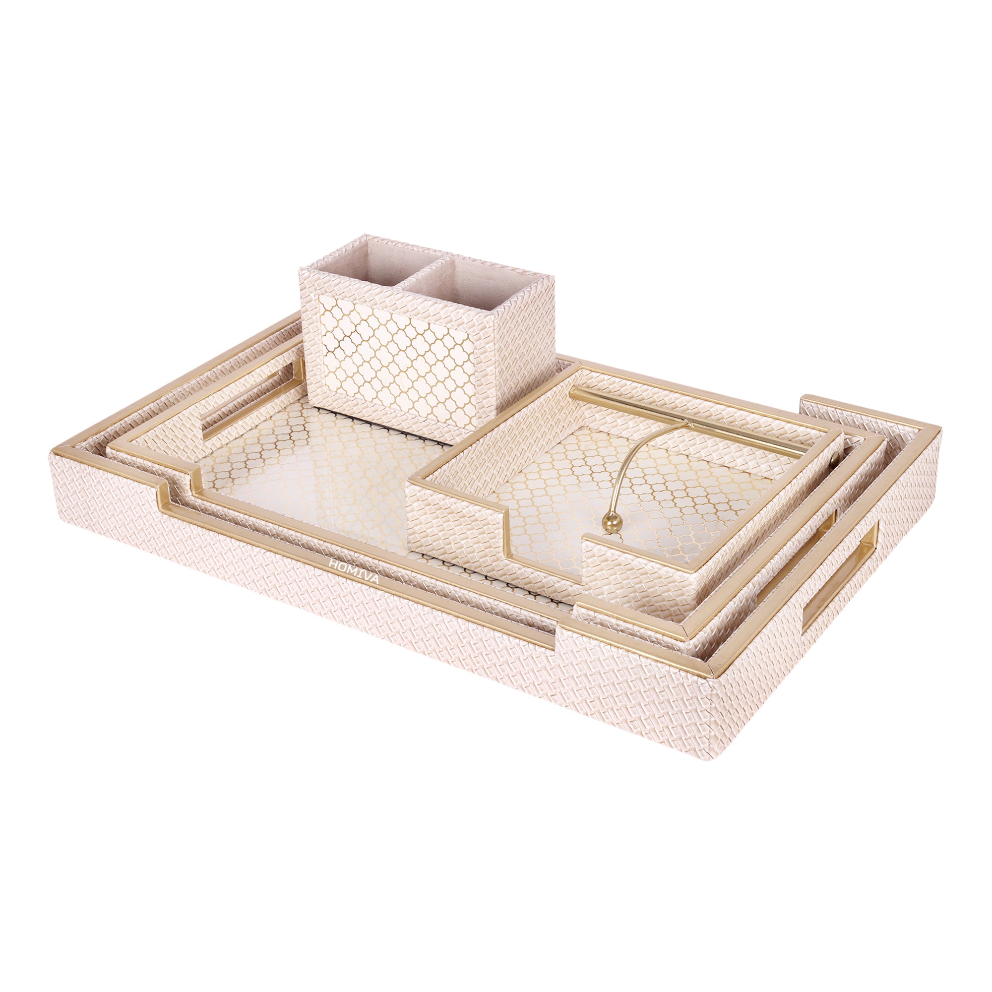HOMIVA Luxury Leatherette Set – 2 Serving Trays, Spoon Holders & Multipurpose Paper Tray - Beige & Gold