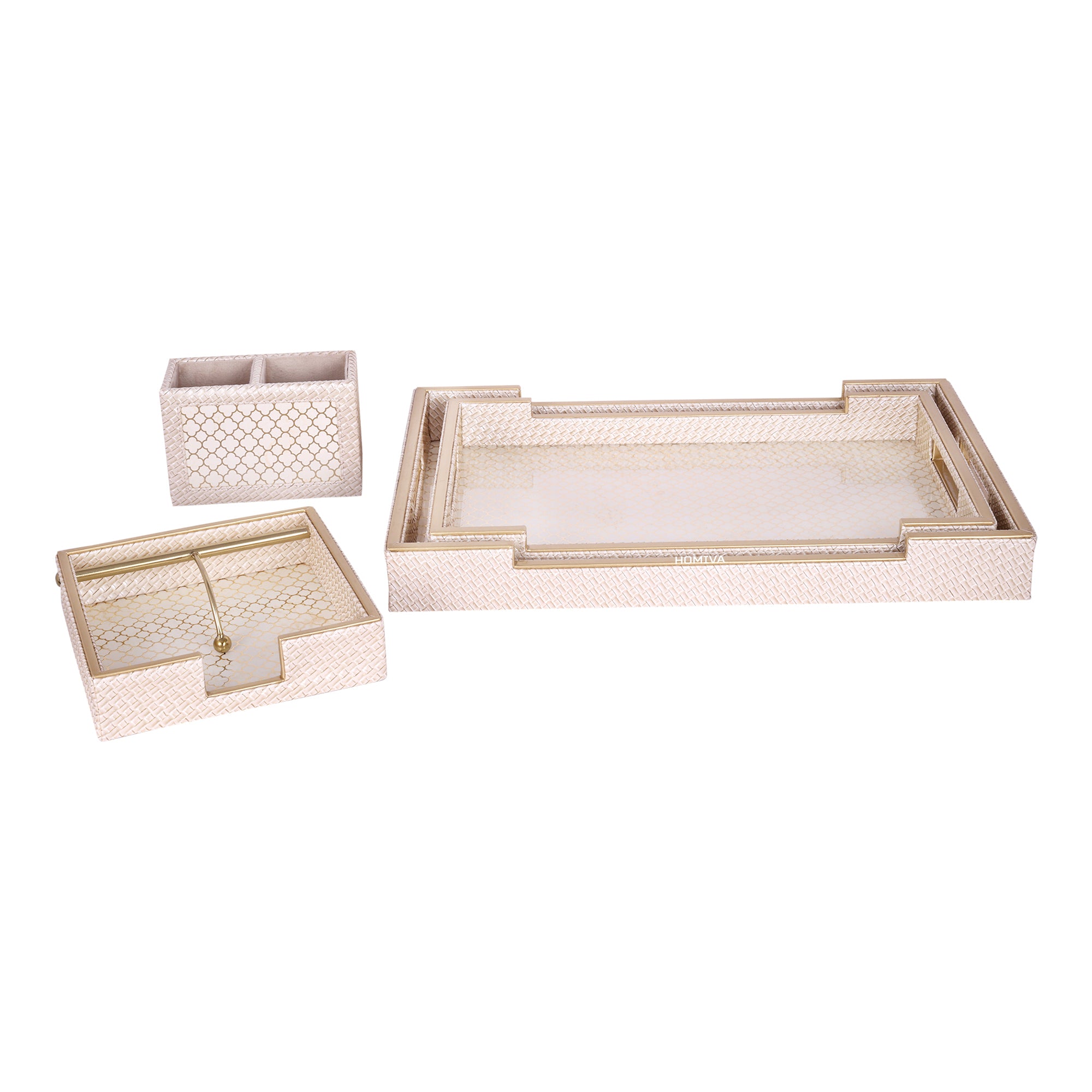 HOMIVA Luxury Leatherette Set – 2 Serving Trays, Spoon Holders & Multipurpose Paper Tray - Beige & Gold