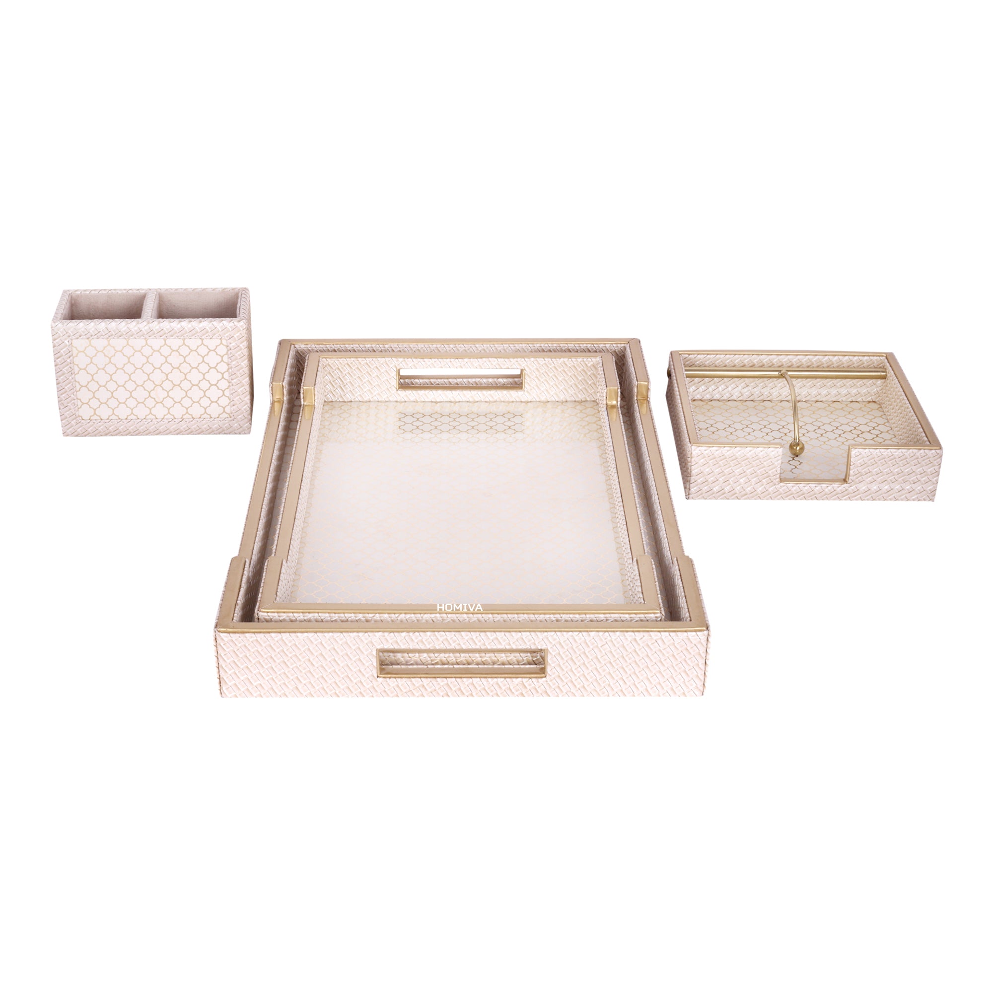 HOMIVA Luxury Leatherette Set – 2 Serving Trays, Spoon Holders & Multipurpose Paper Tray - Beige & Gold