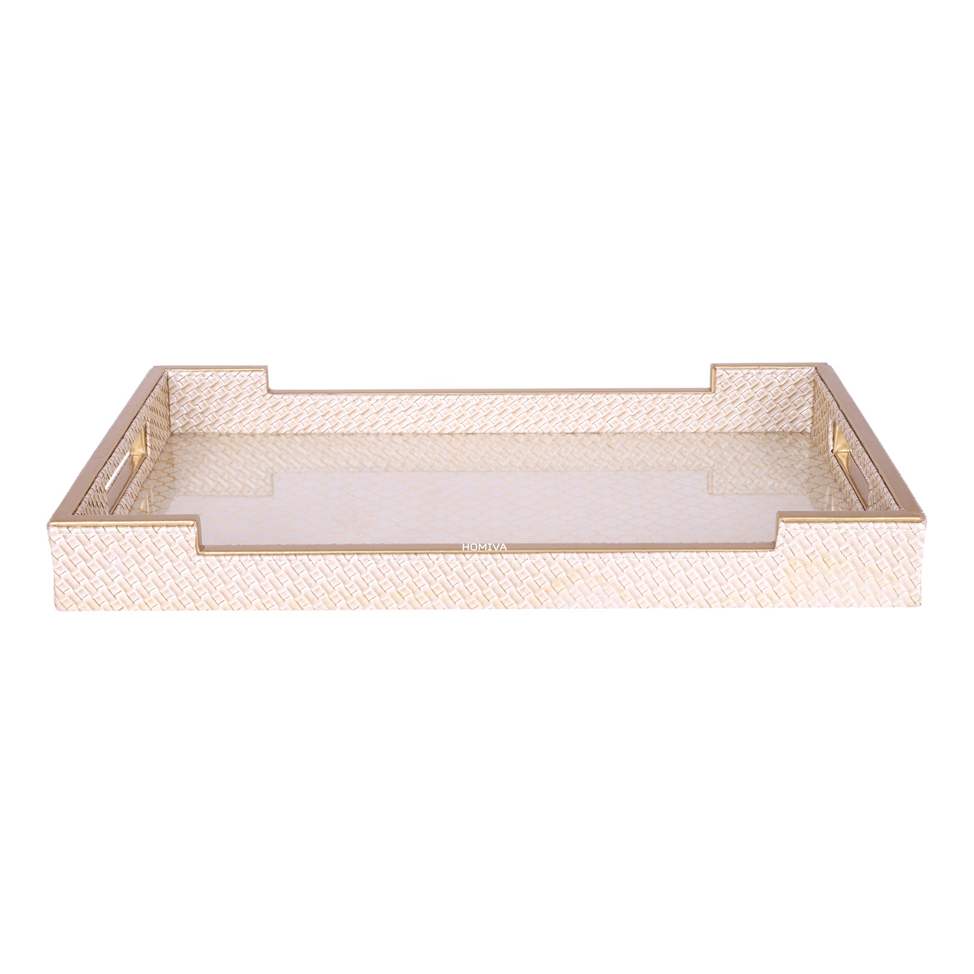 HOMIVA Luxury Leatherette Serving Tray with Gold Accents (Large) – Blush Beige