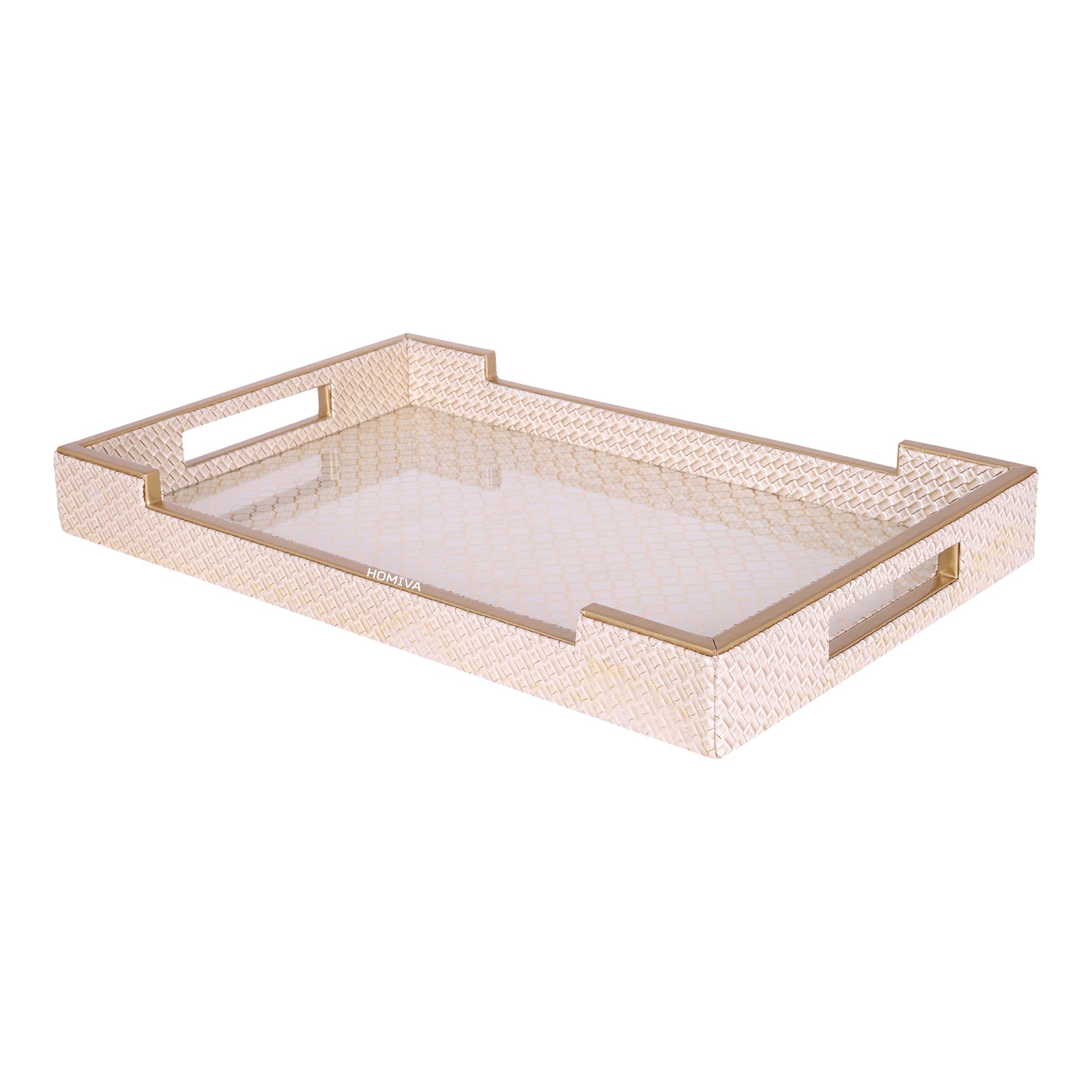 HOMIVA Luxury Leatherette Serving Tray with Gold Accents (Large) – Blush Beige