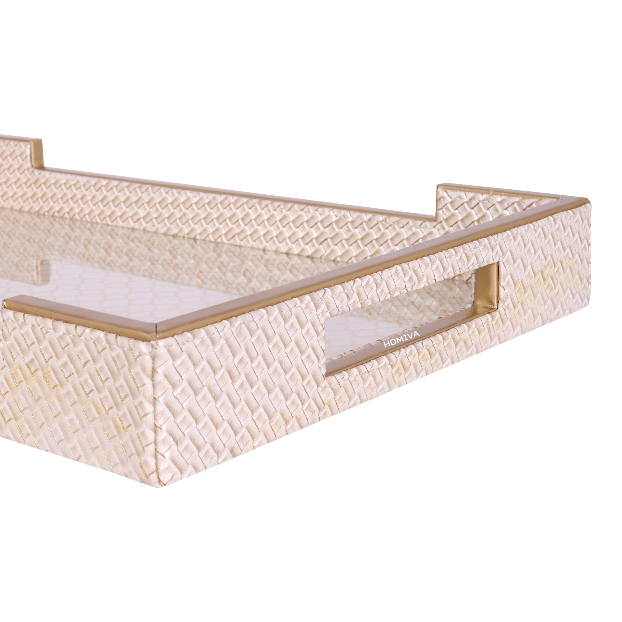 HOMIVA Luxury Leatherette Serving Tray with Gold Accents (Large) – Blush Beige