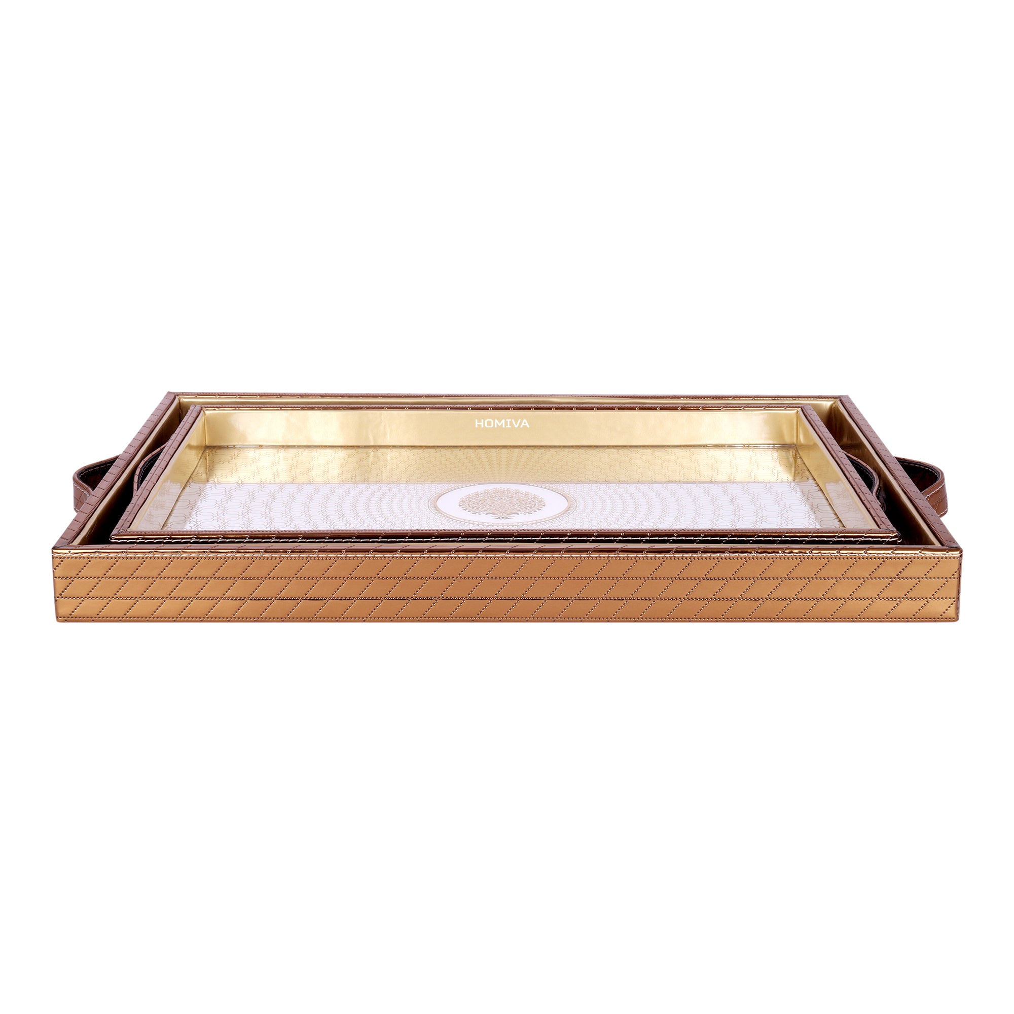 HOMIVA Set of 2 Rectangular Faux Leatherette Trays with Side Handles – Chocolate Brown