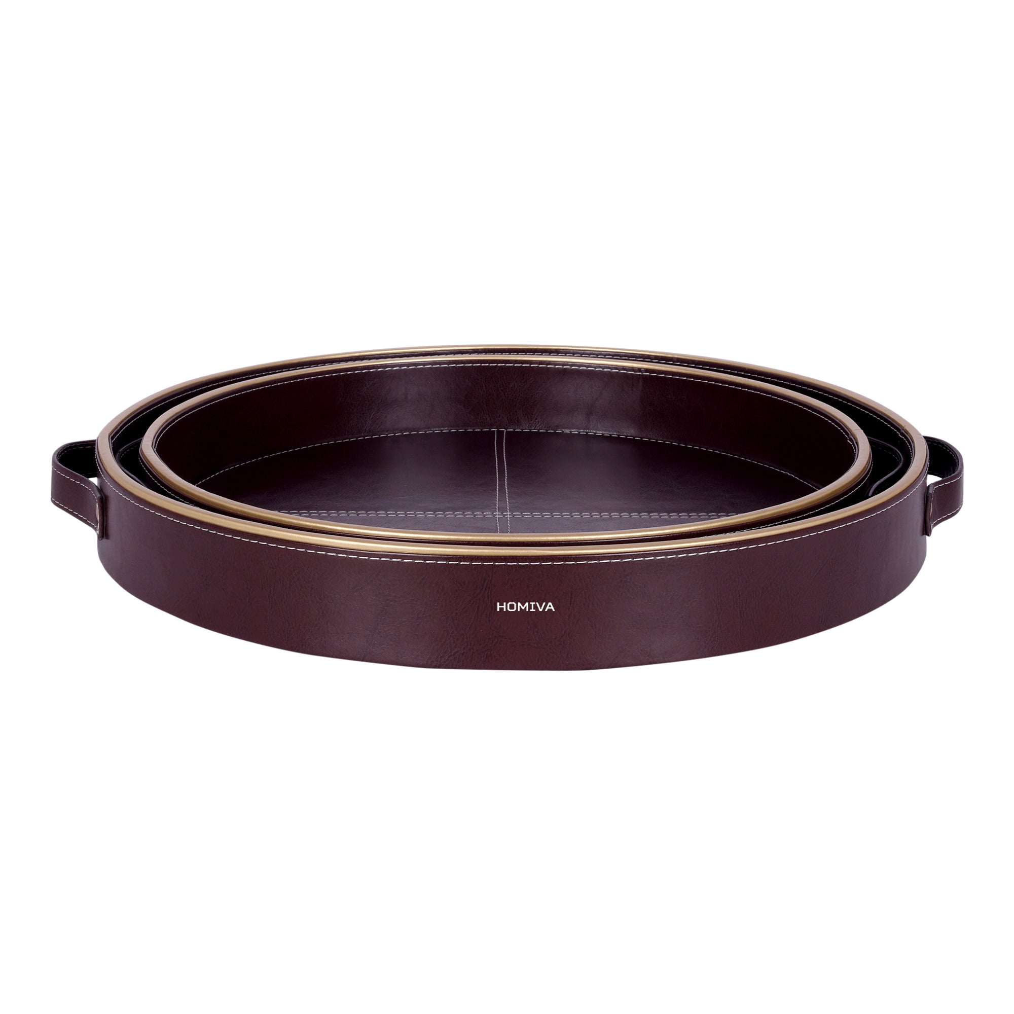 HOMIVA Set of 2 Round Leatherette Serving Trays with Gold Rim – Dark Brown