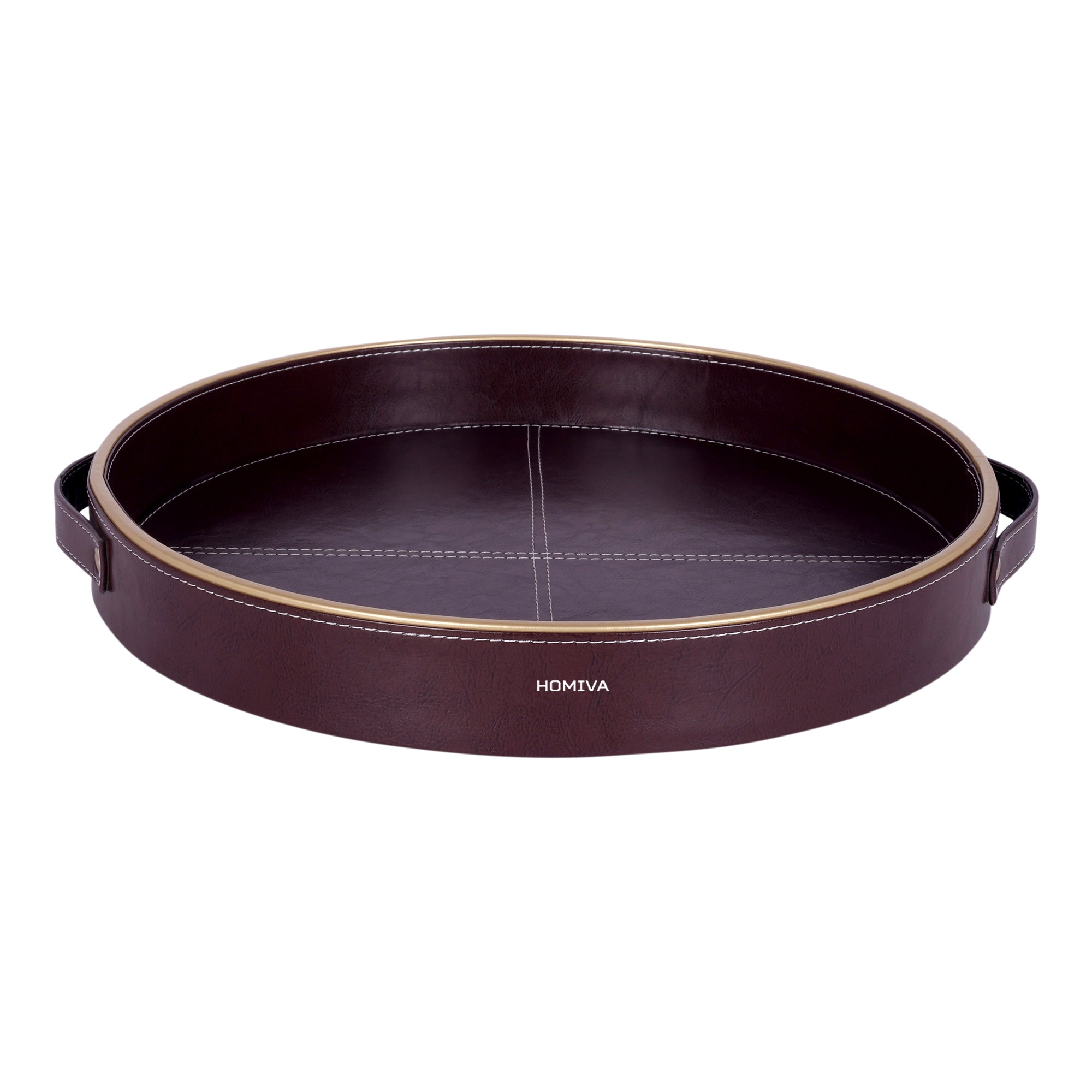 HOMIVA Round Leatherette Serving Tray with Handles & Gold Rim – Dark Brown (Large)