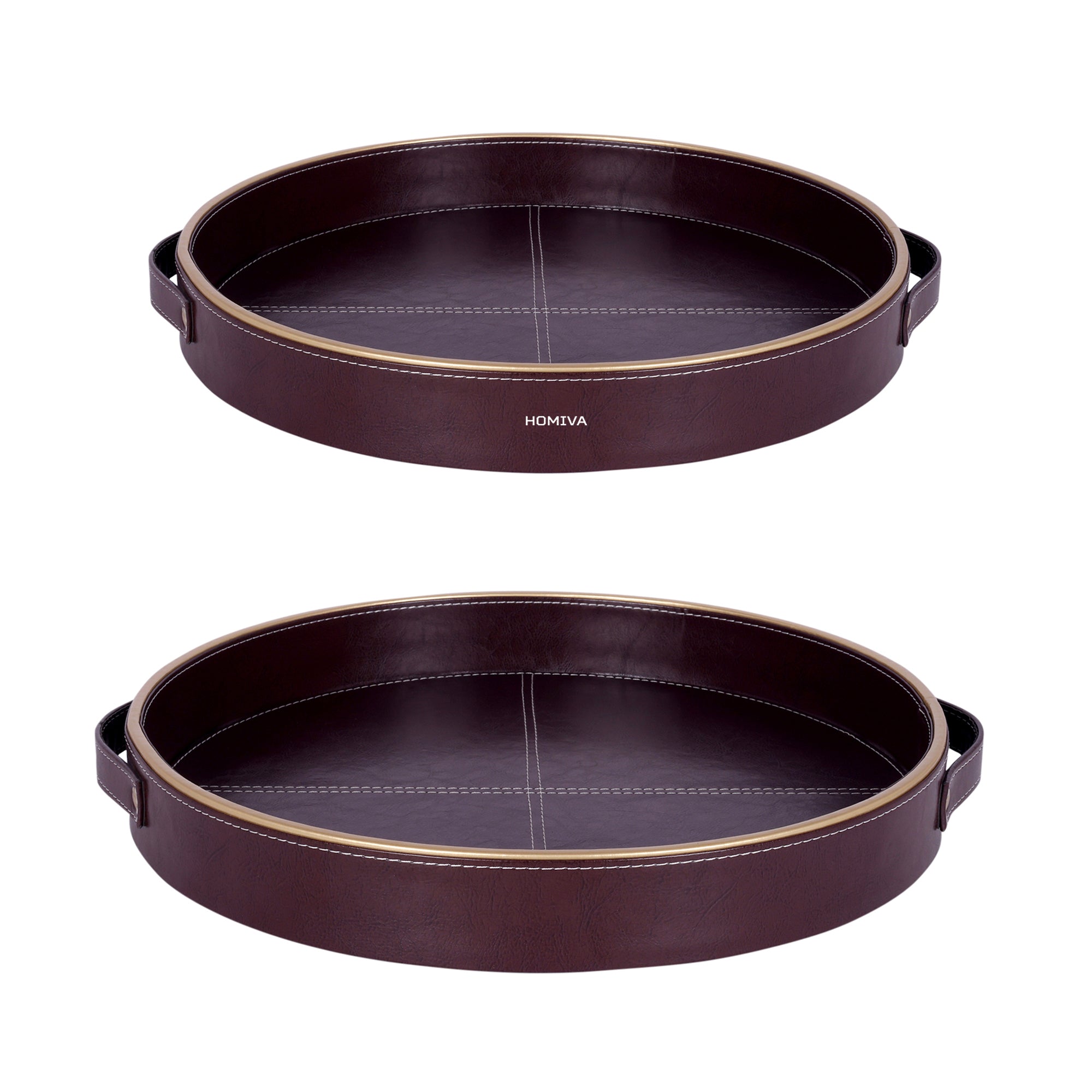 HOMIVA Set of 2 Round Leatherette Serving Trays with Gold Rim – Dark Brown