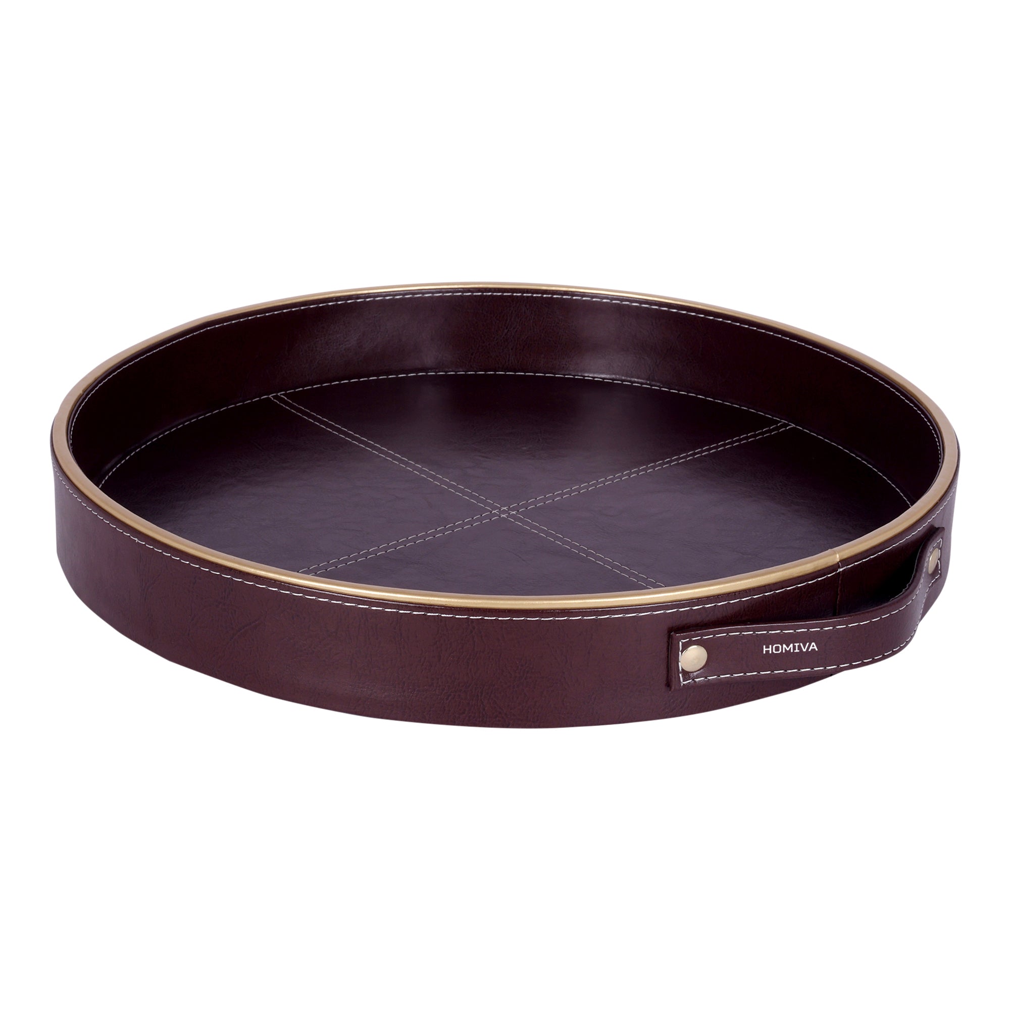 HOMIVA Round Leatherette Serving Tray with Handles & Gold Rim – Dark Brown (Large)