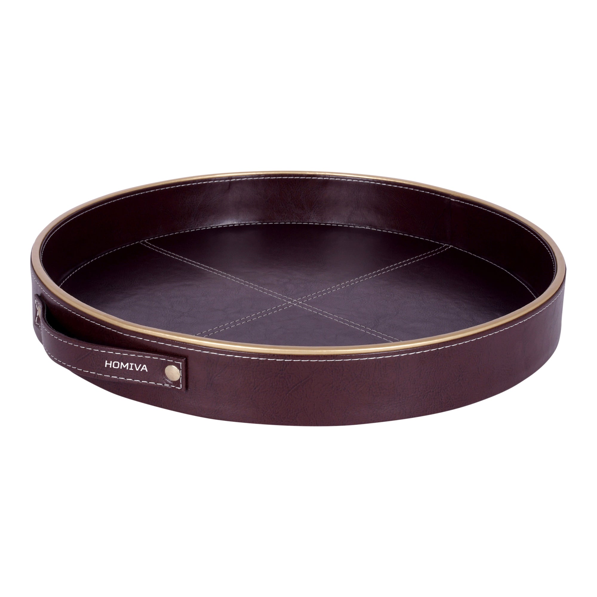 HOMIVA Round Leatherette Serving Tray with Handles & Gold Rim – Dark Brown (Large)
