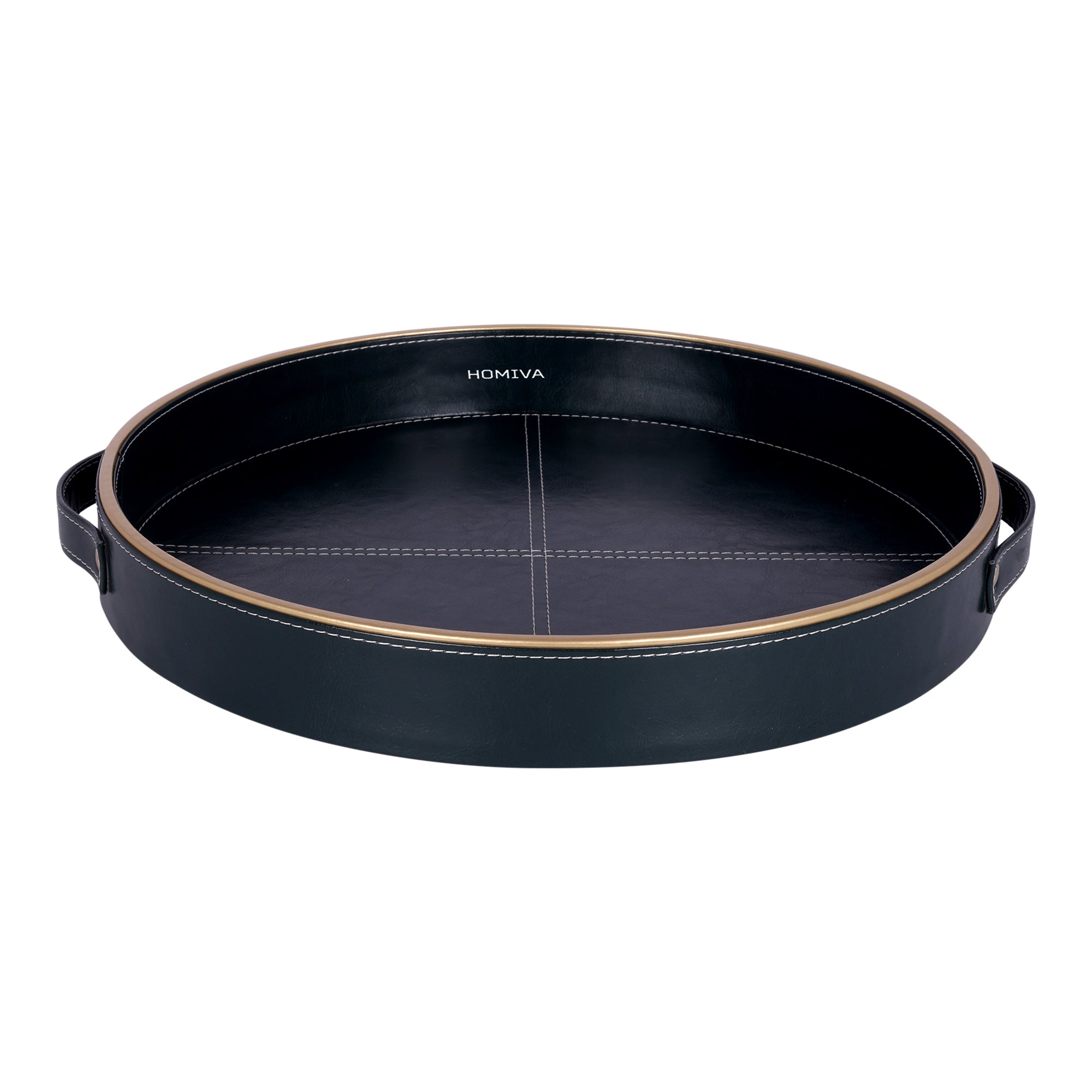 HOMIVA Round Faux Leatherette Serving Tray with Gold Trim Handles – Dark Green (Small)