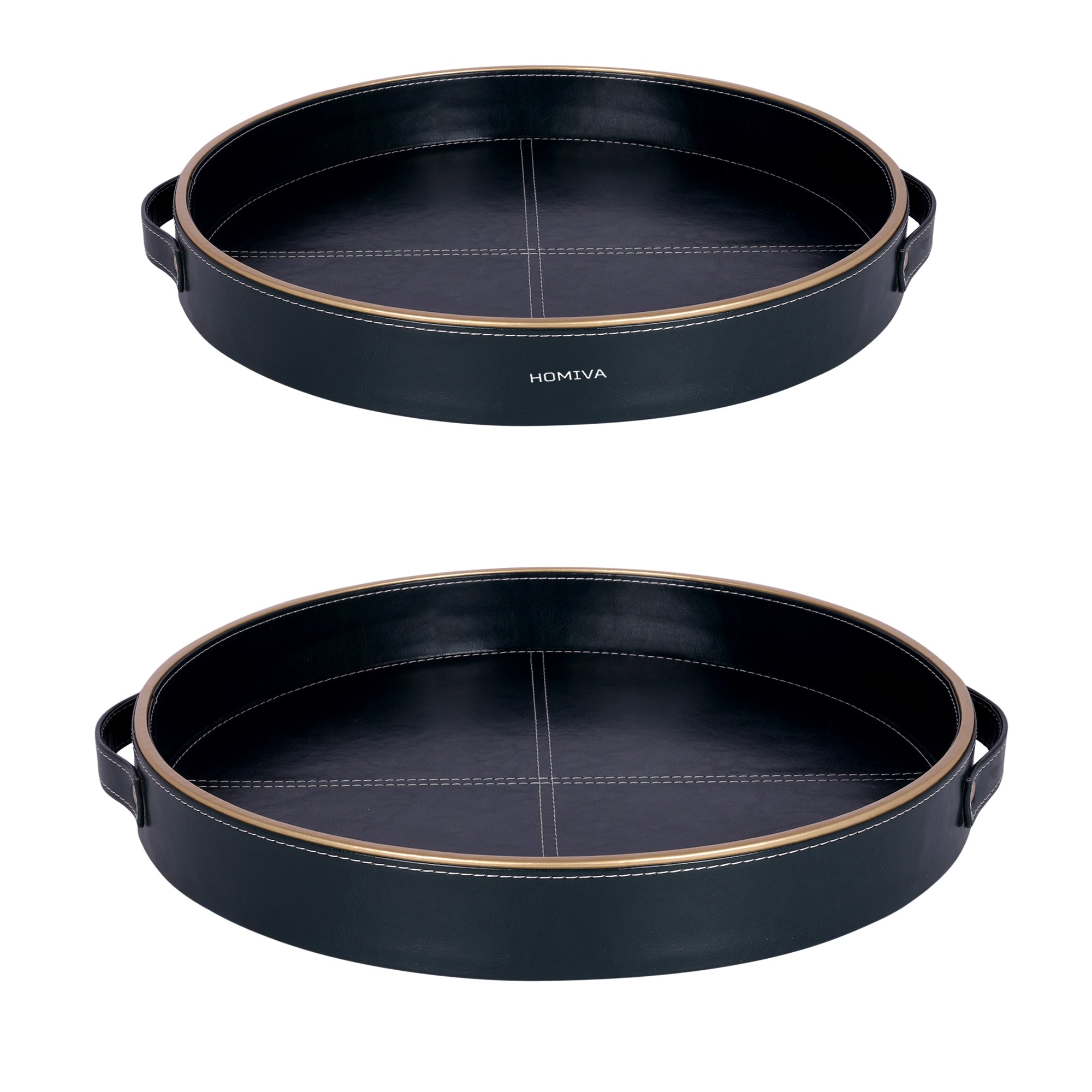 HOMIVA Round Set of 2 Faux Leatherette Serving Tray with Gold Trim Handles – Dark Green