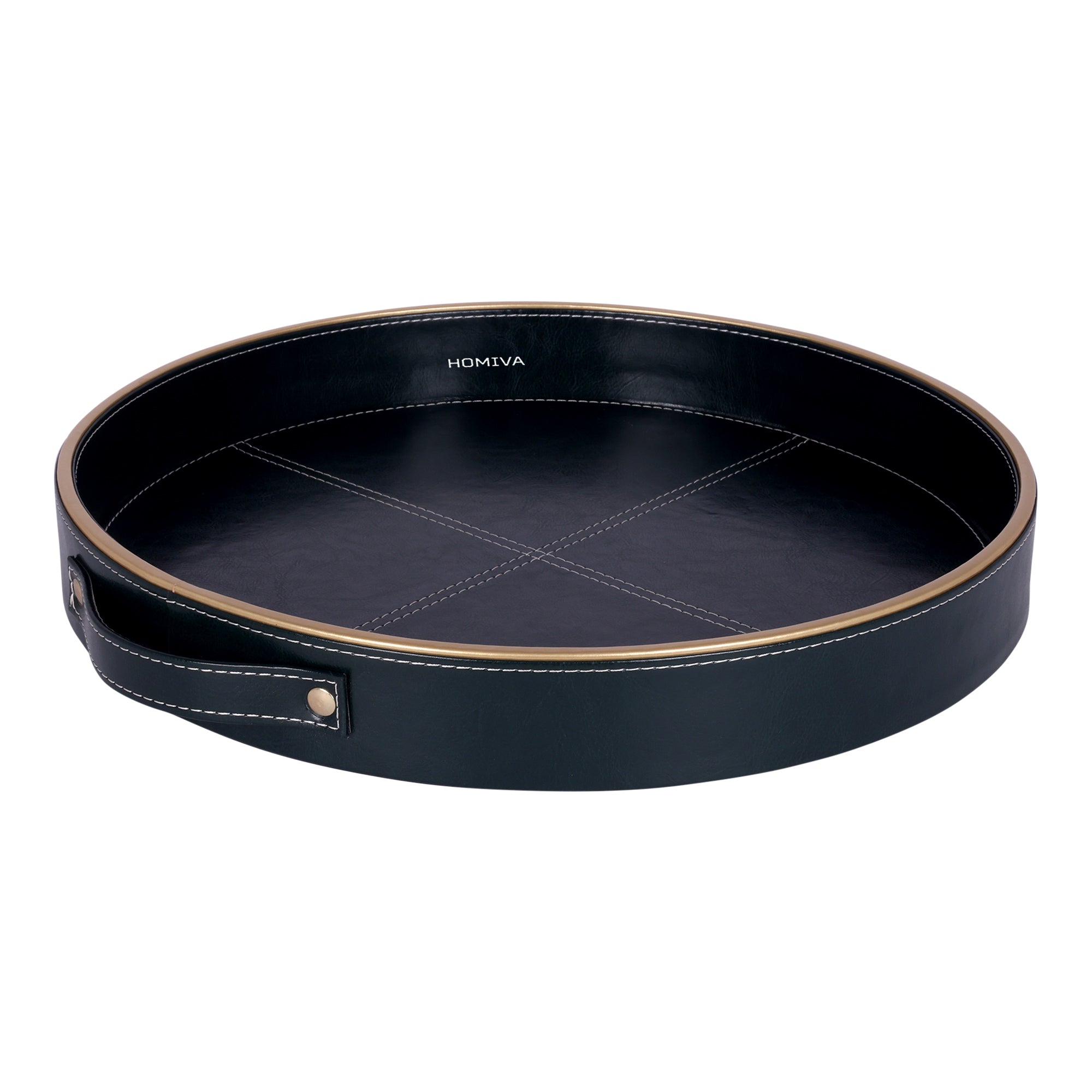 HOMIVA Round Faux Leatherette Serving Tray with Gold Trim Handles – Dark Green (Small)