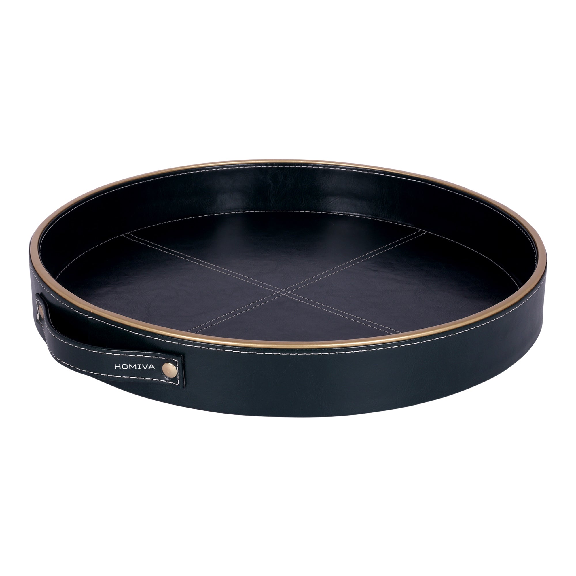 HOMIVA Round Large Faux Leatherette Serving Tray with Gold Trim Handles – Dark Green